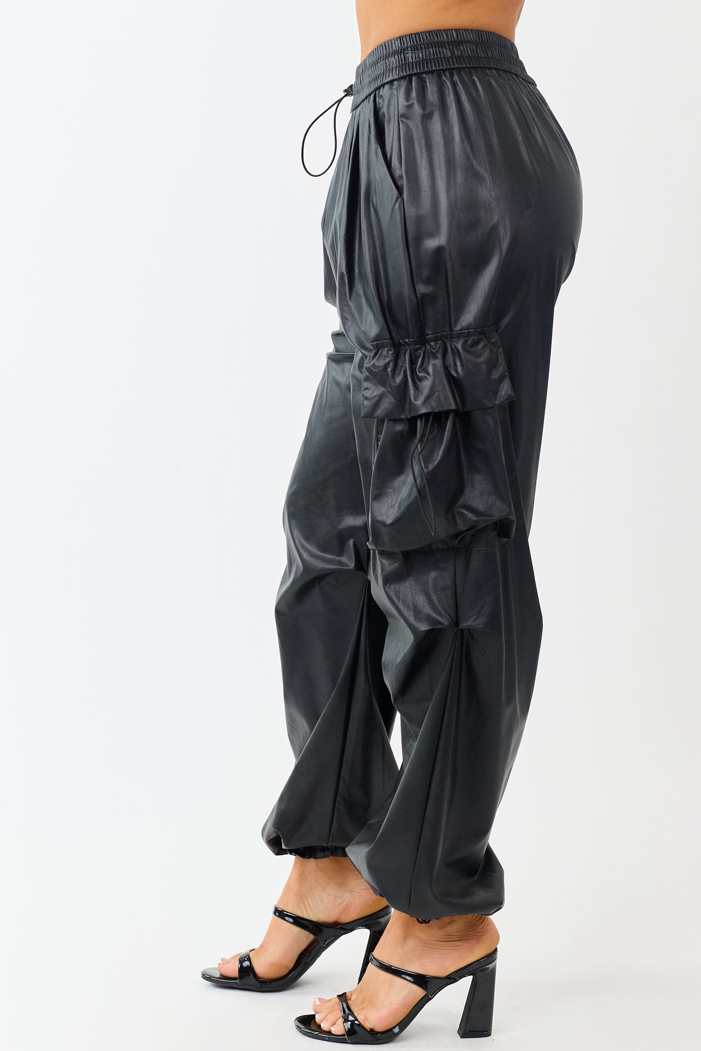 Black Faux Leather Elastic Waist Cargo Pants