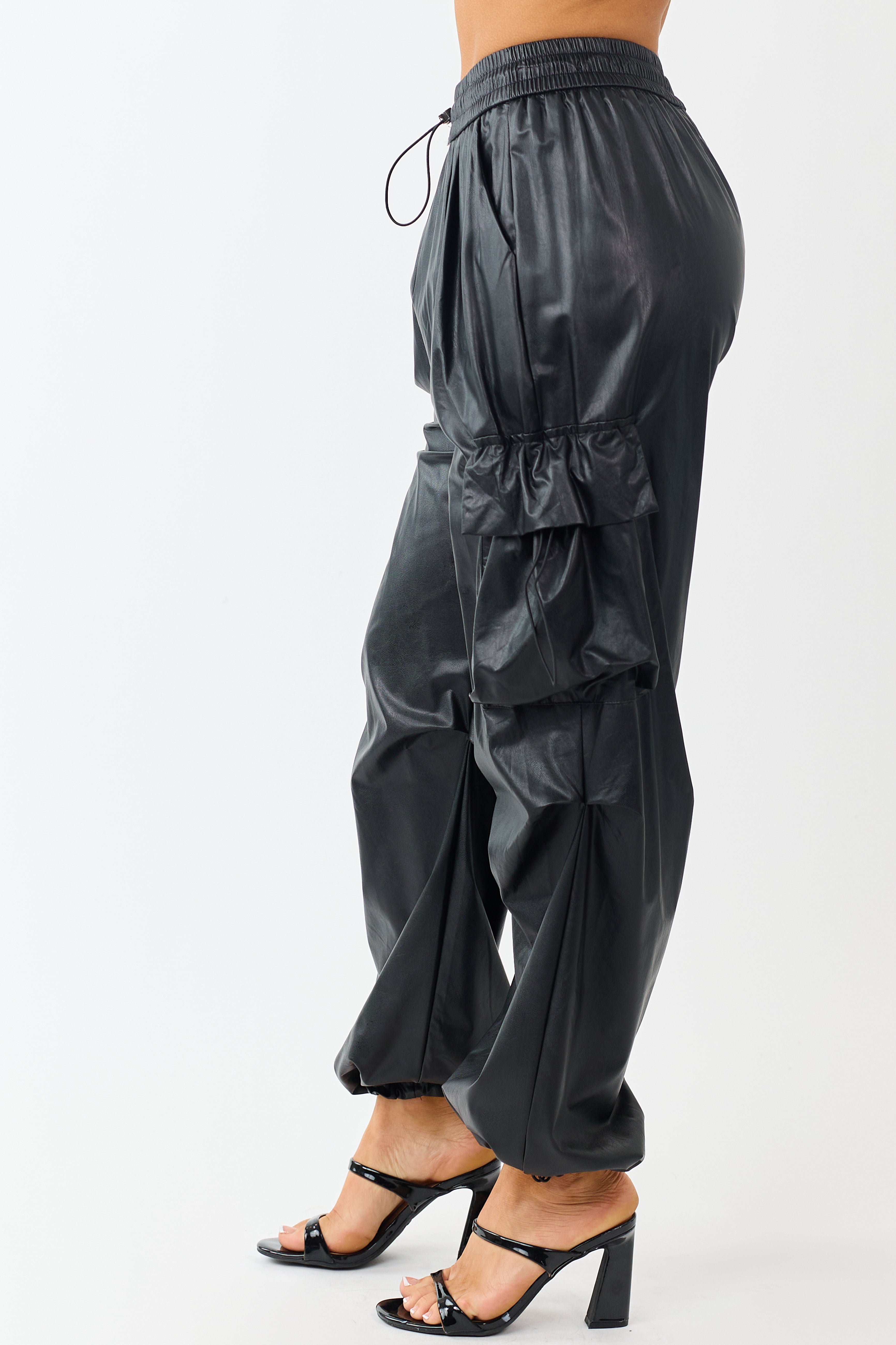 Black Faux Leather Elastic Waist Cargo Pants