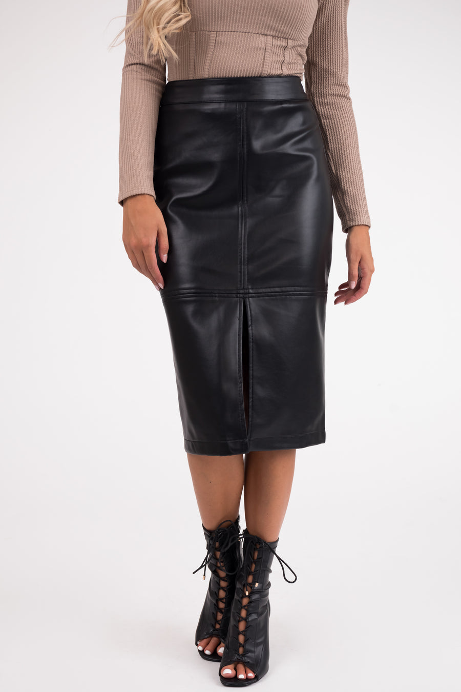 Black Faux Leather Front Slit Midi Skirt