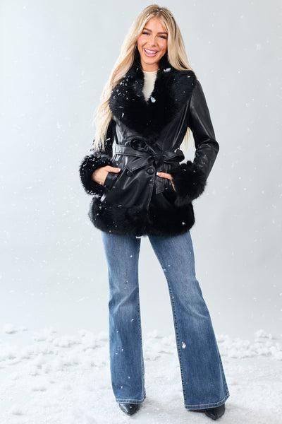 Black Faux Leather Fur Trim Long Coat