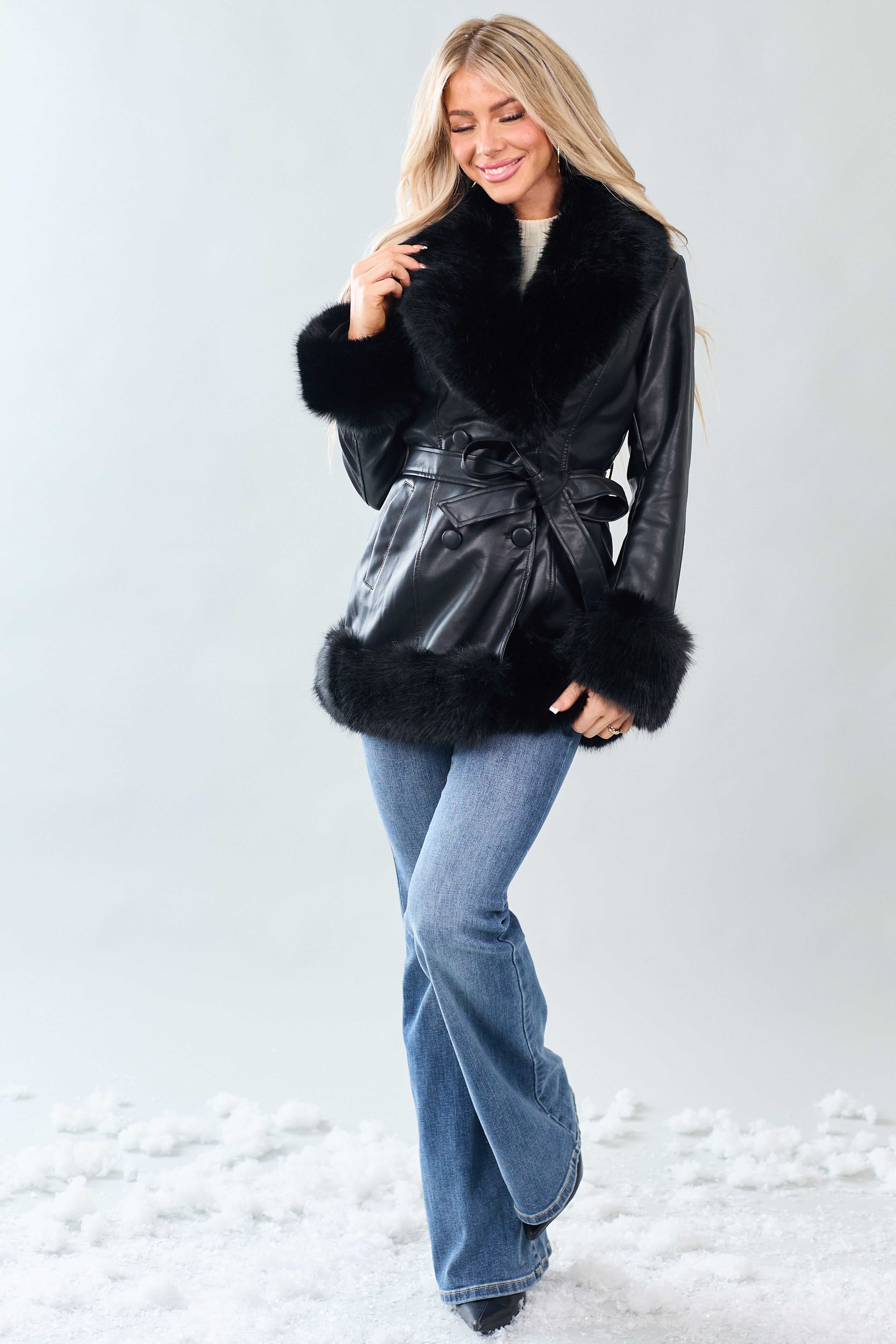 Black Faux Leather Fur Trim Long Coat