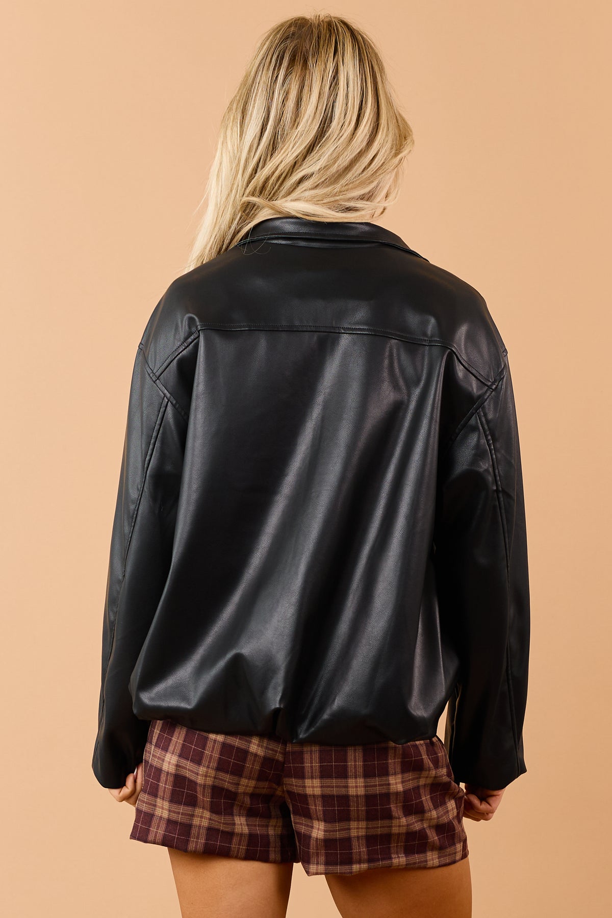 Black Faux Leather High Collar Zip Up Jacket