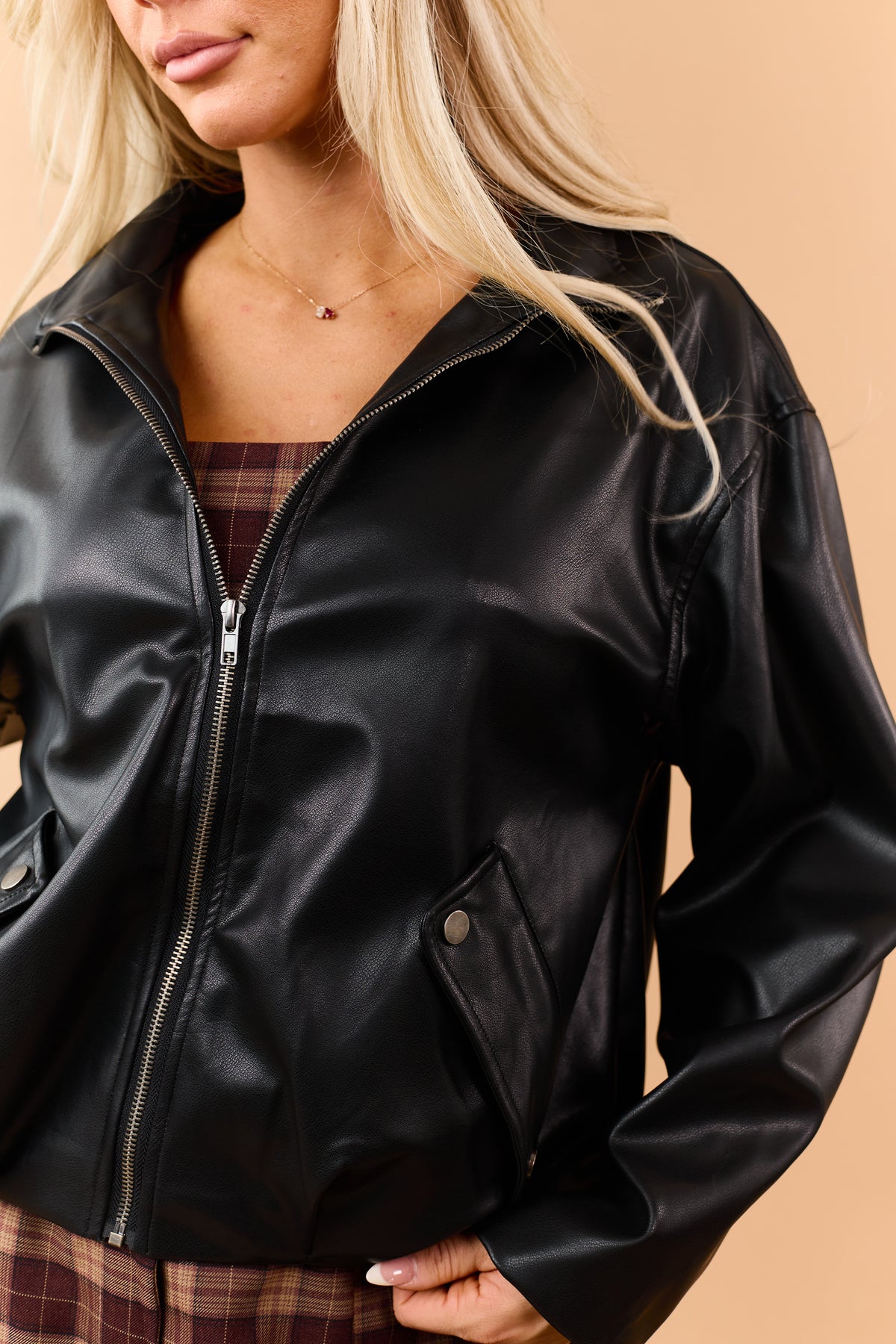 Black Faux Leather High Collar Zip Up Jacket