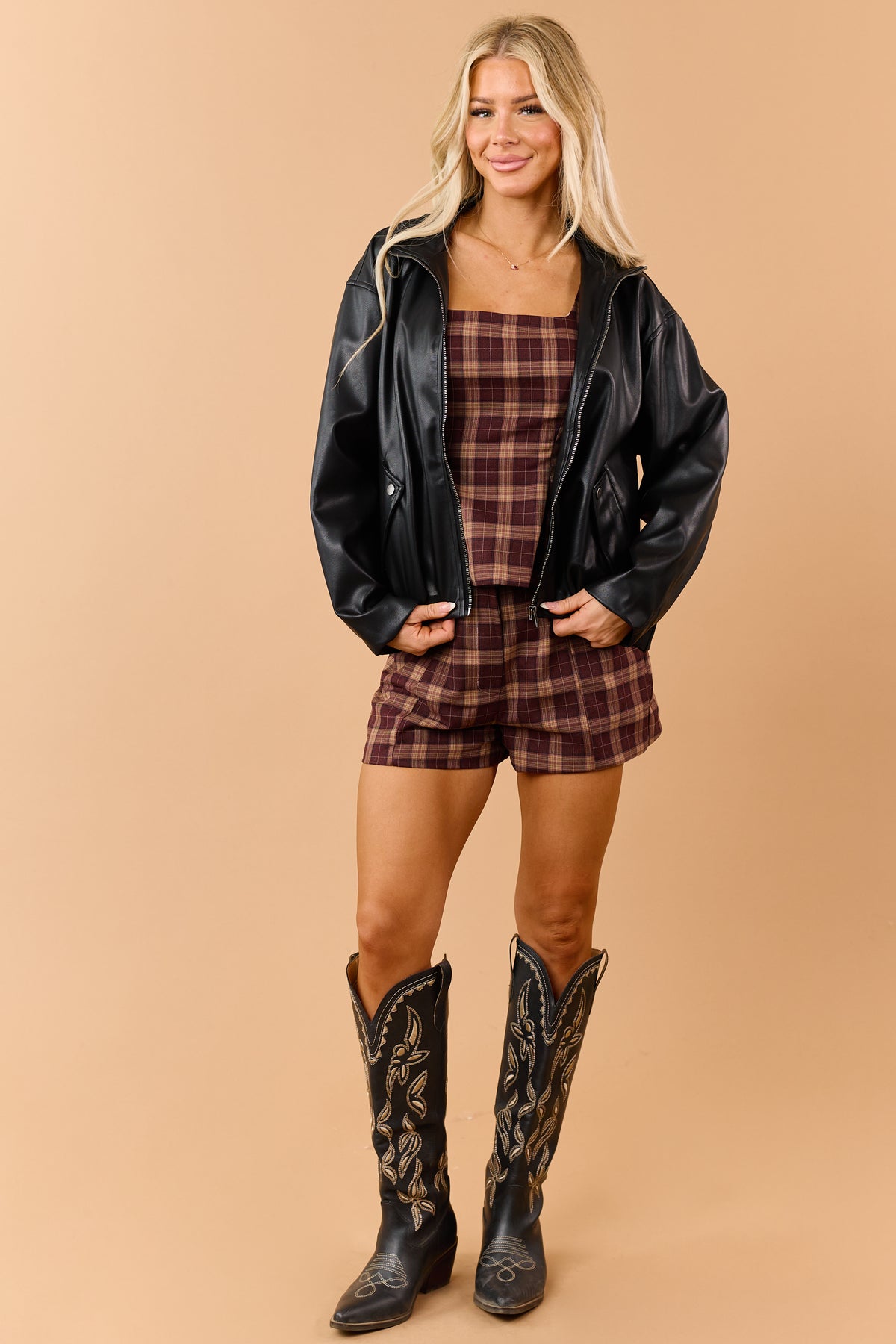 Black Faux Leather High Collar Zip Up Jacket