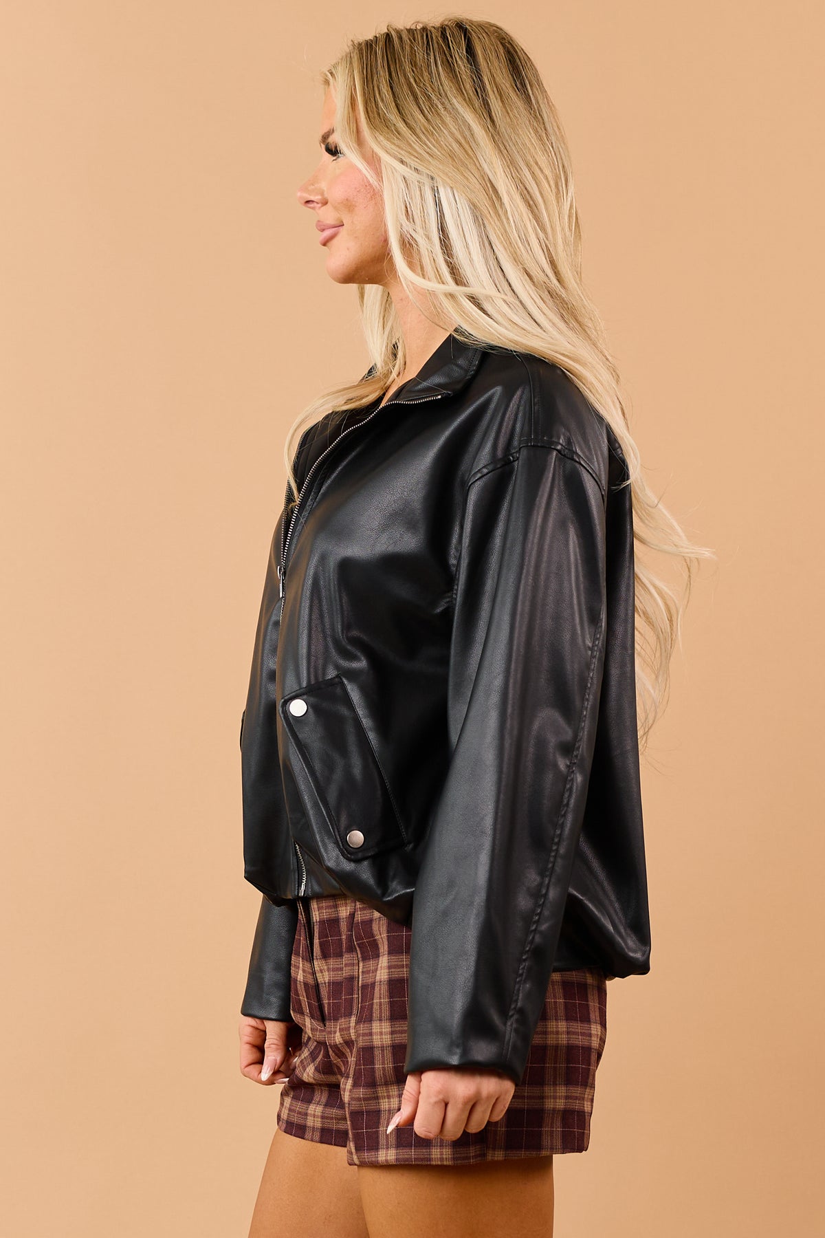 Black Faux Leather High Collar Zip Up Jacket