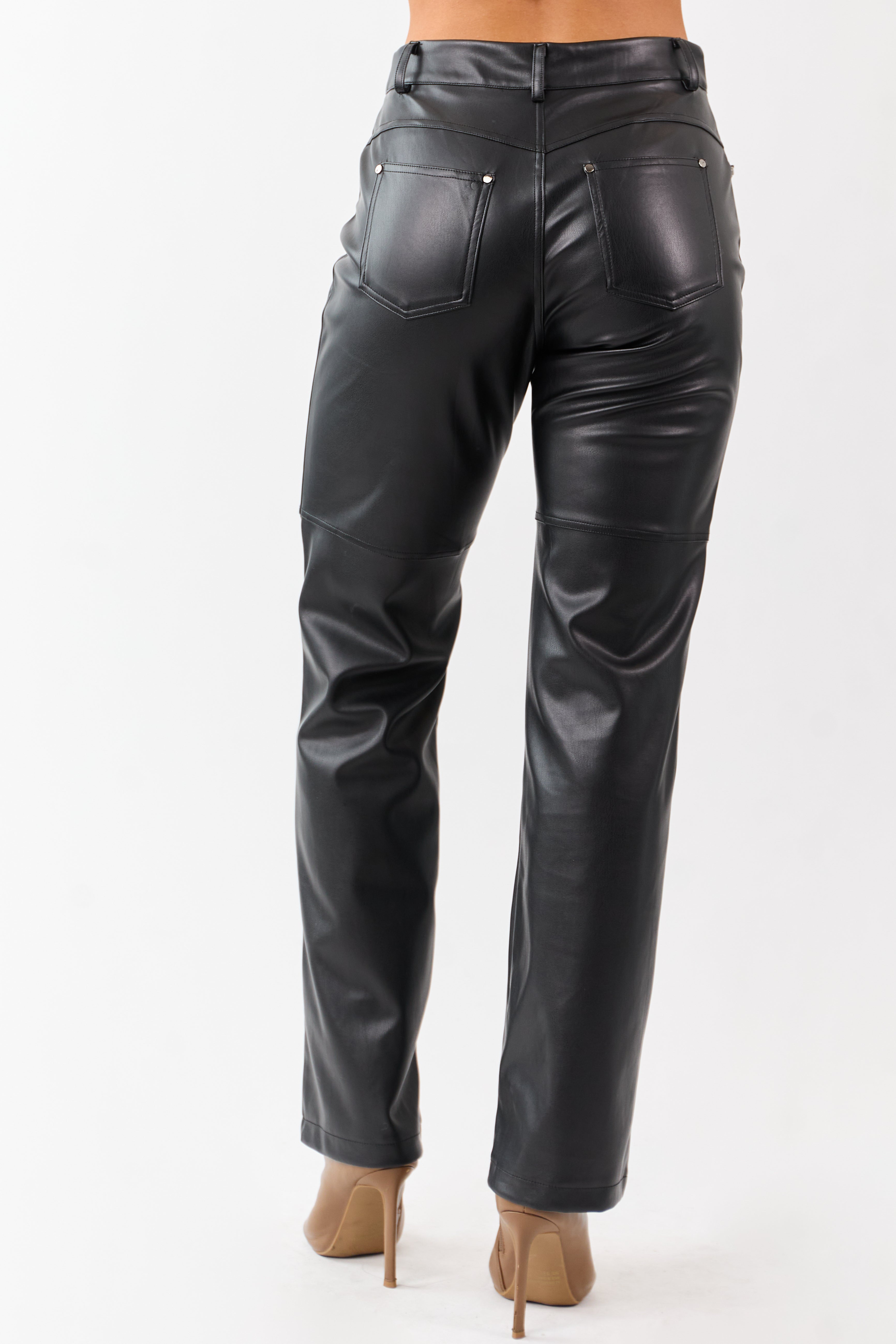 Black Faux Leather High Rise Straight Pants