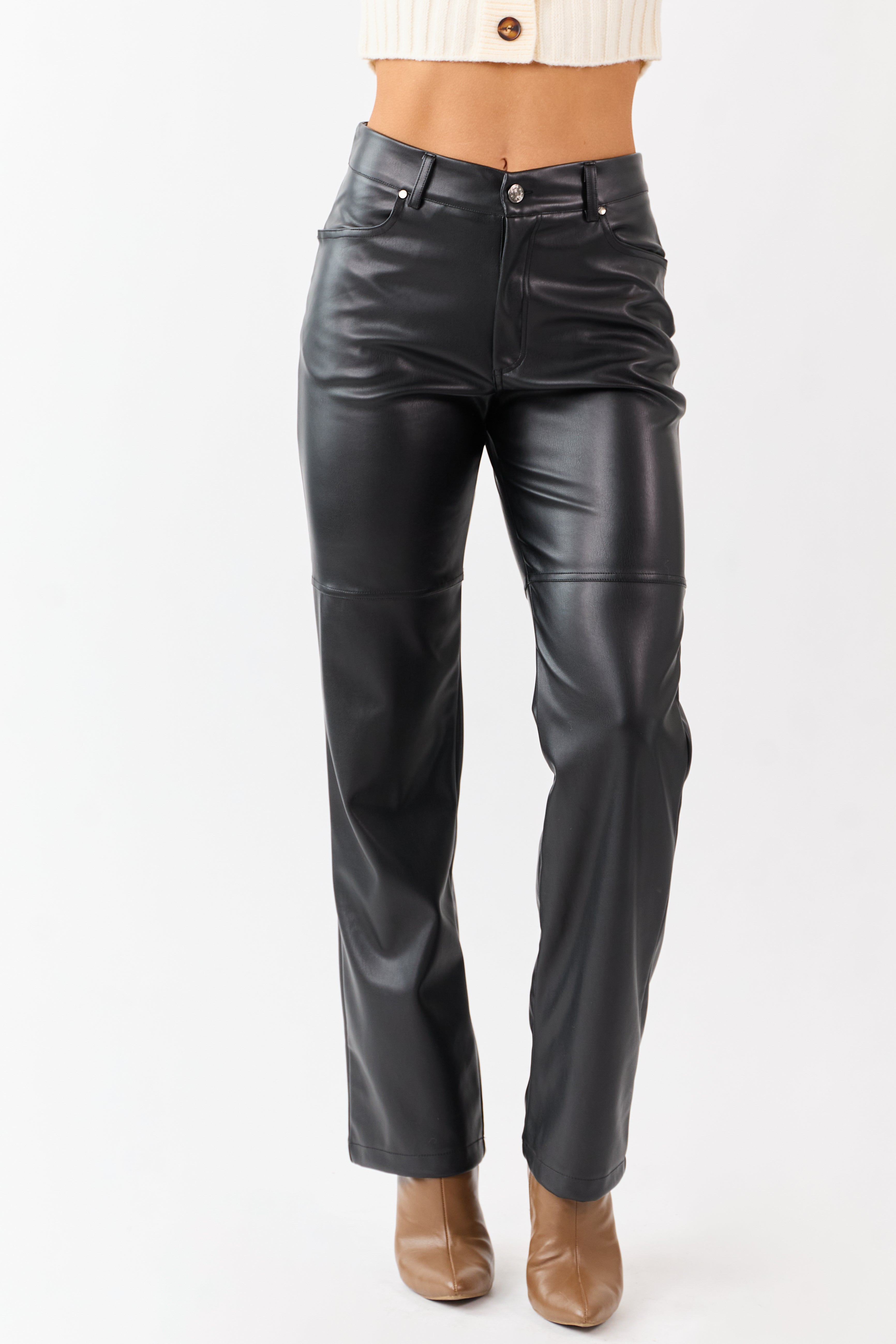 Black Faux Leather High Rise Straight Pants