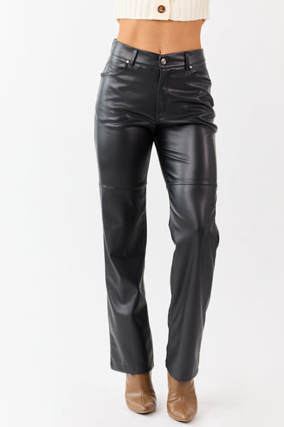 Black Faux Leather High Rise Straight Pants