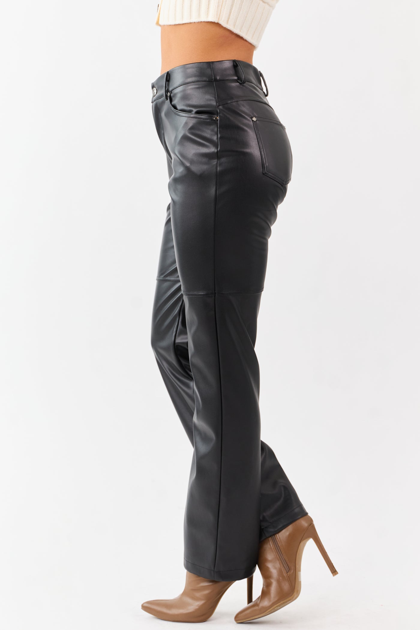 Black Faux Leather High Rise Straight Pants