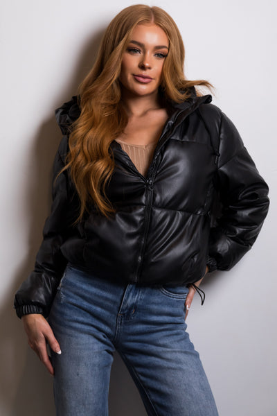 Black Faux Leather Hooded Puffer Jacket