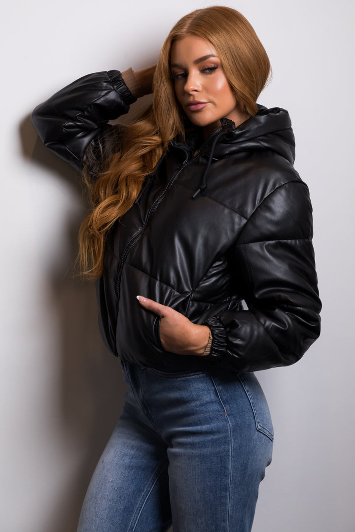 Black Faux Leather Hooded Puffer Jacket