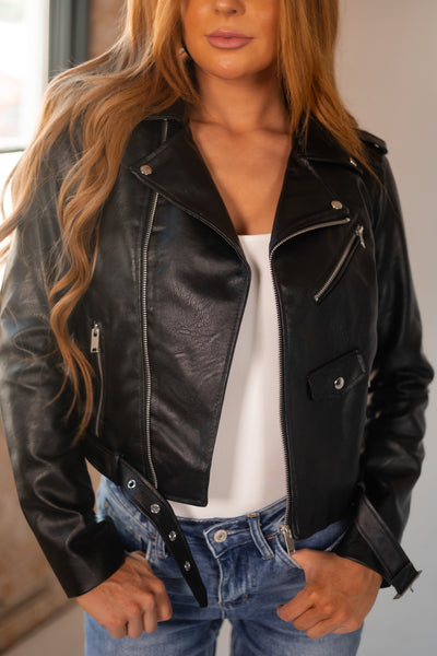 Black Faux Leather Jacket with Pockets and Belt Detail