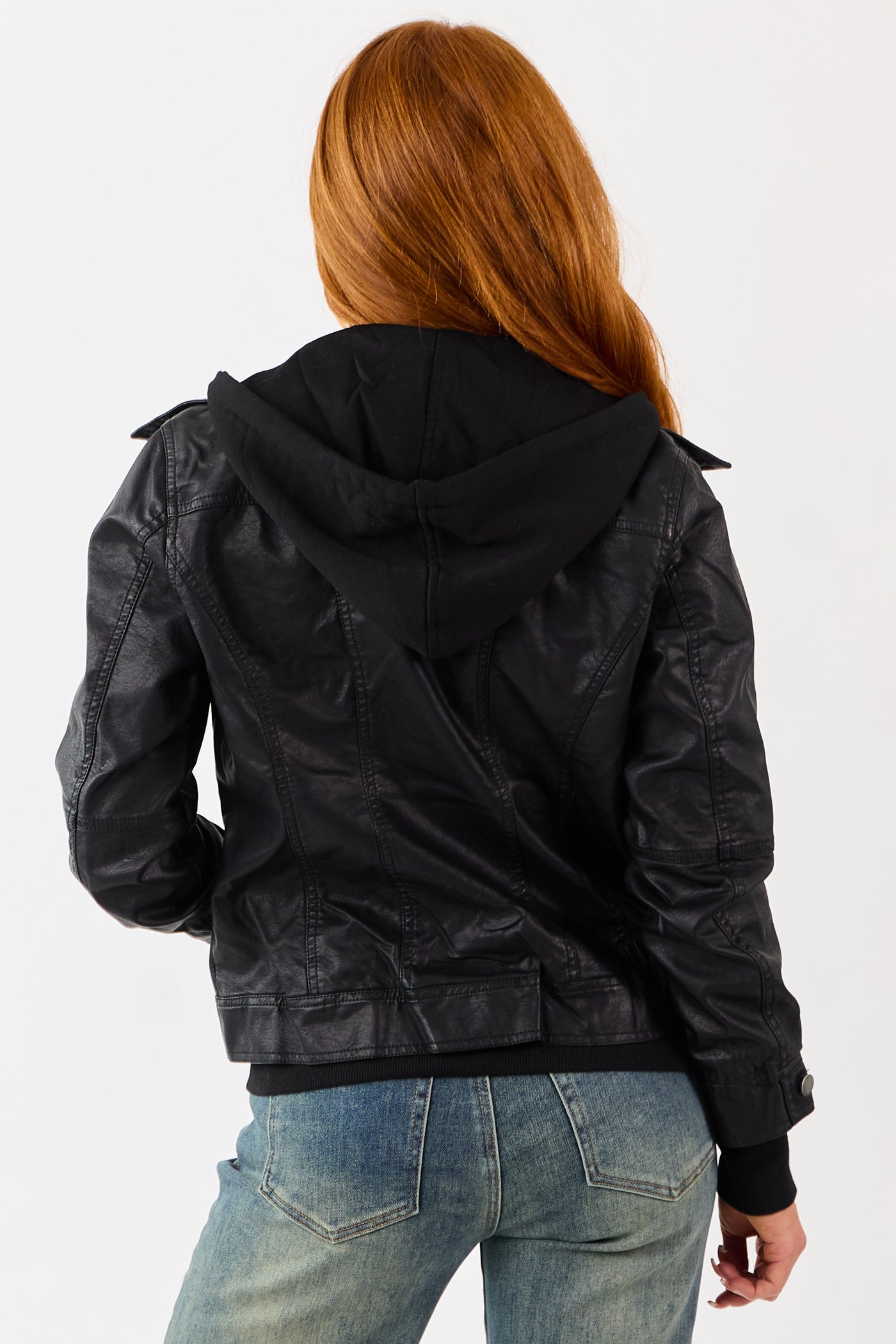 Black Faux Leather Jacket with Removable Knit Hood