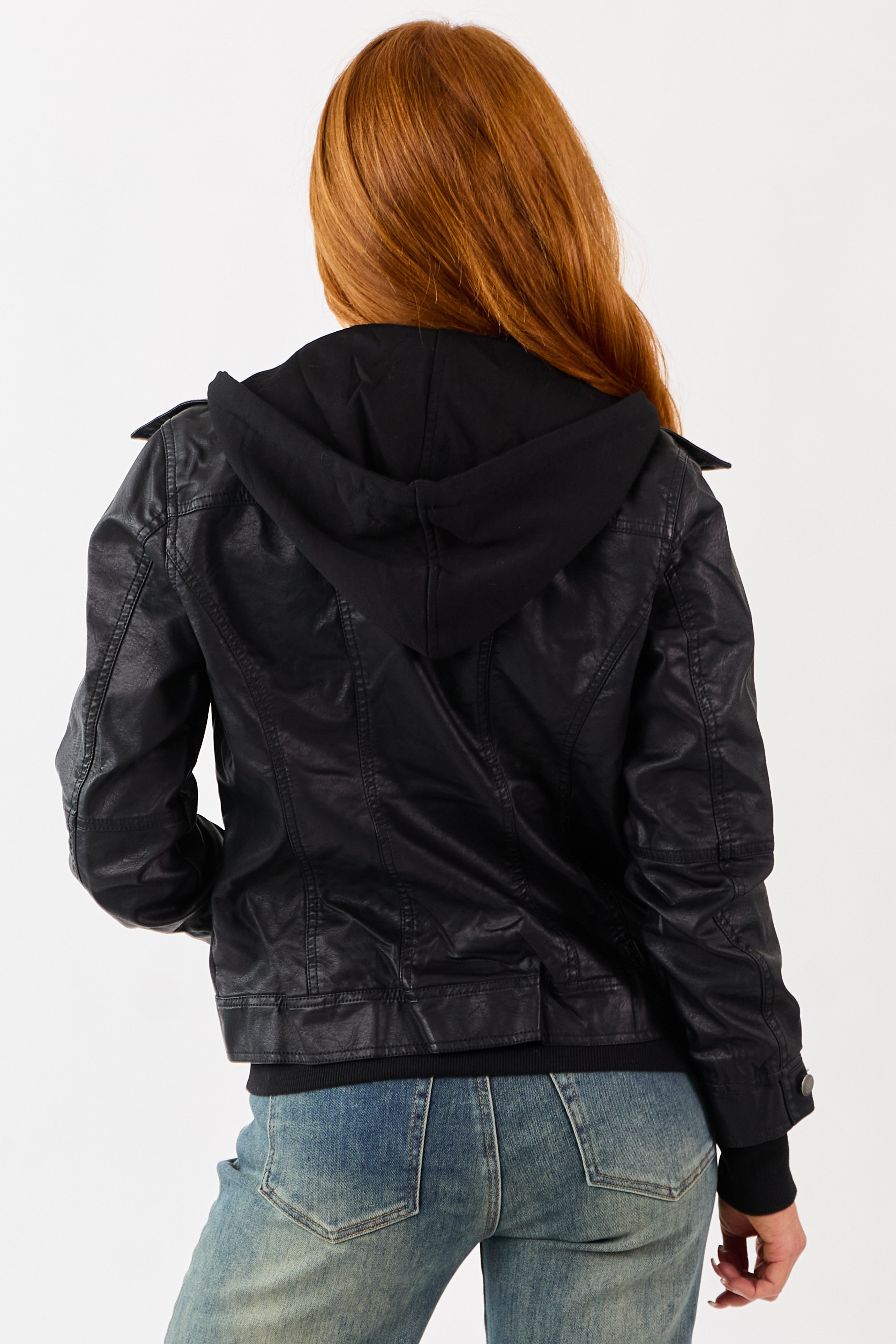 Black Faux Leather Jacket with Removable Knit Hood