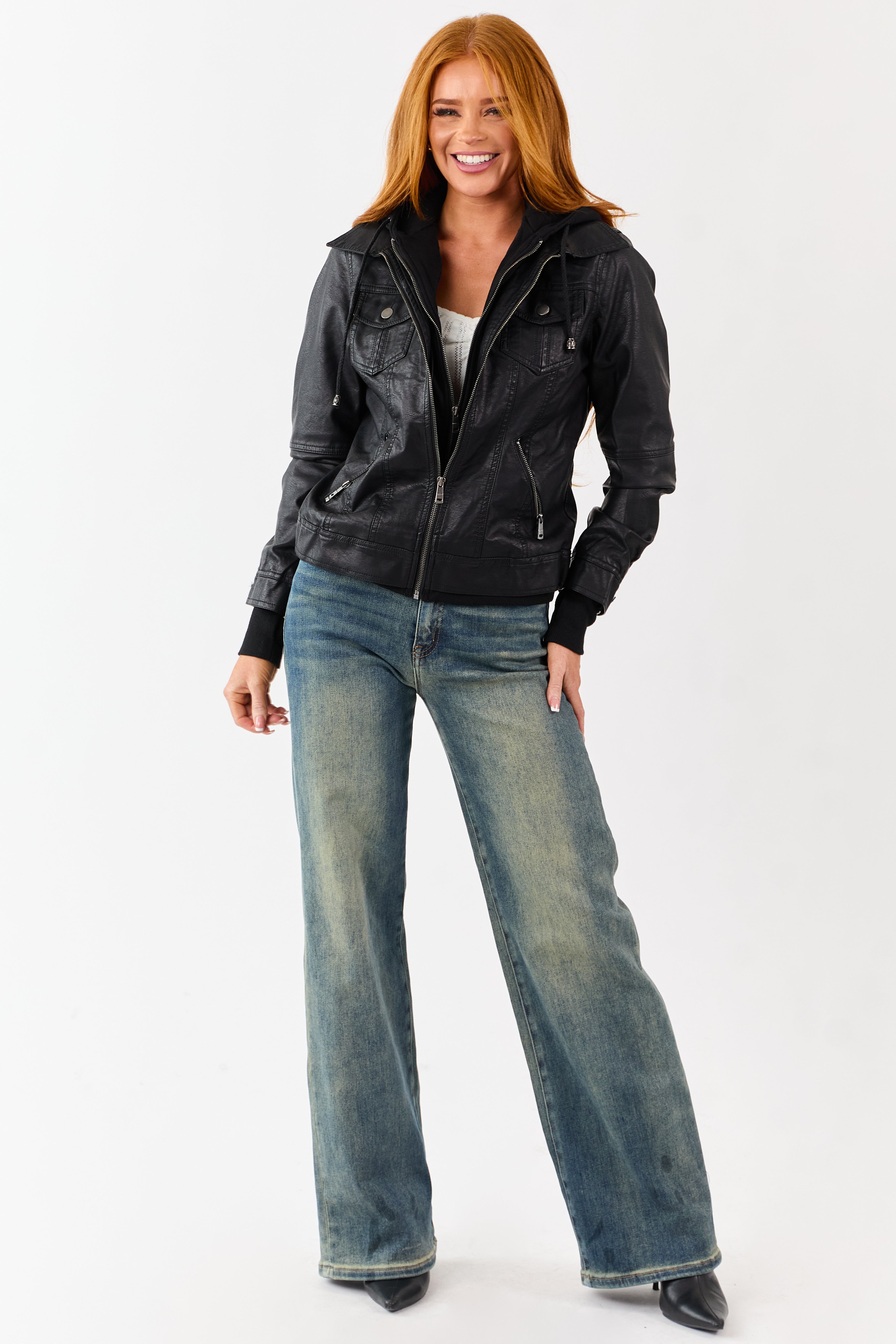 Black Faux Leather Jacket with Removable Knit Hood