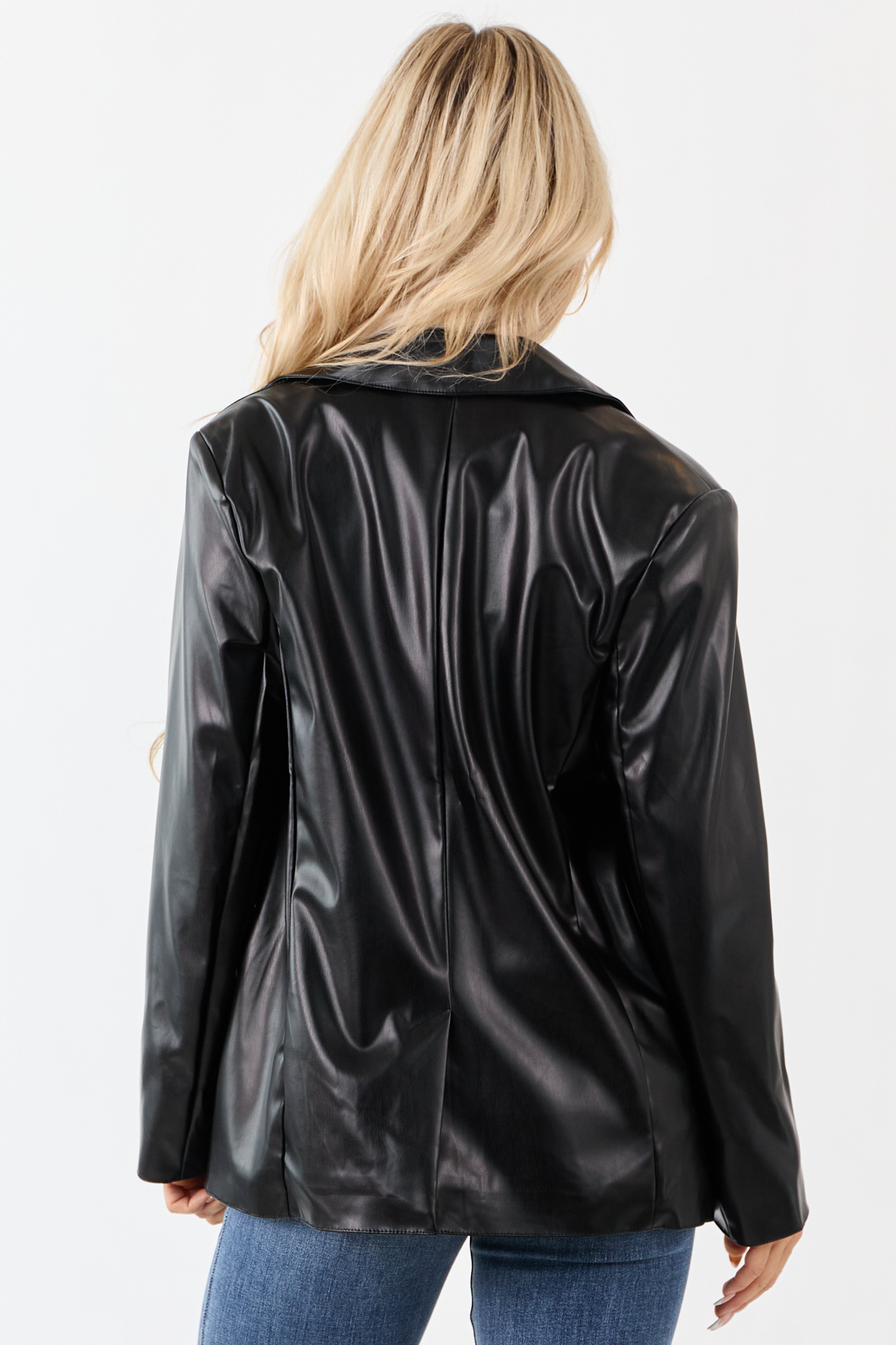 Black Faux Leather Lapel Collar Blazer