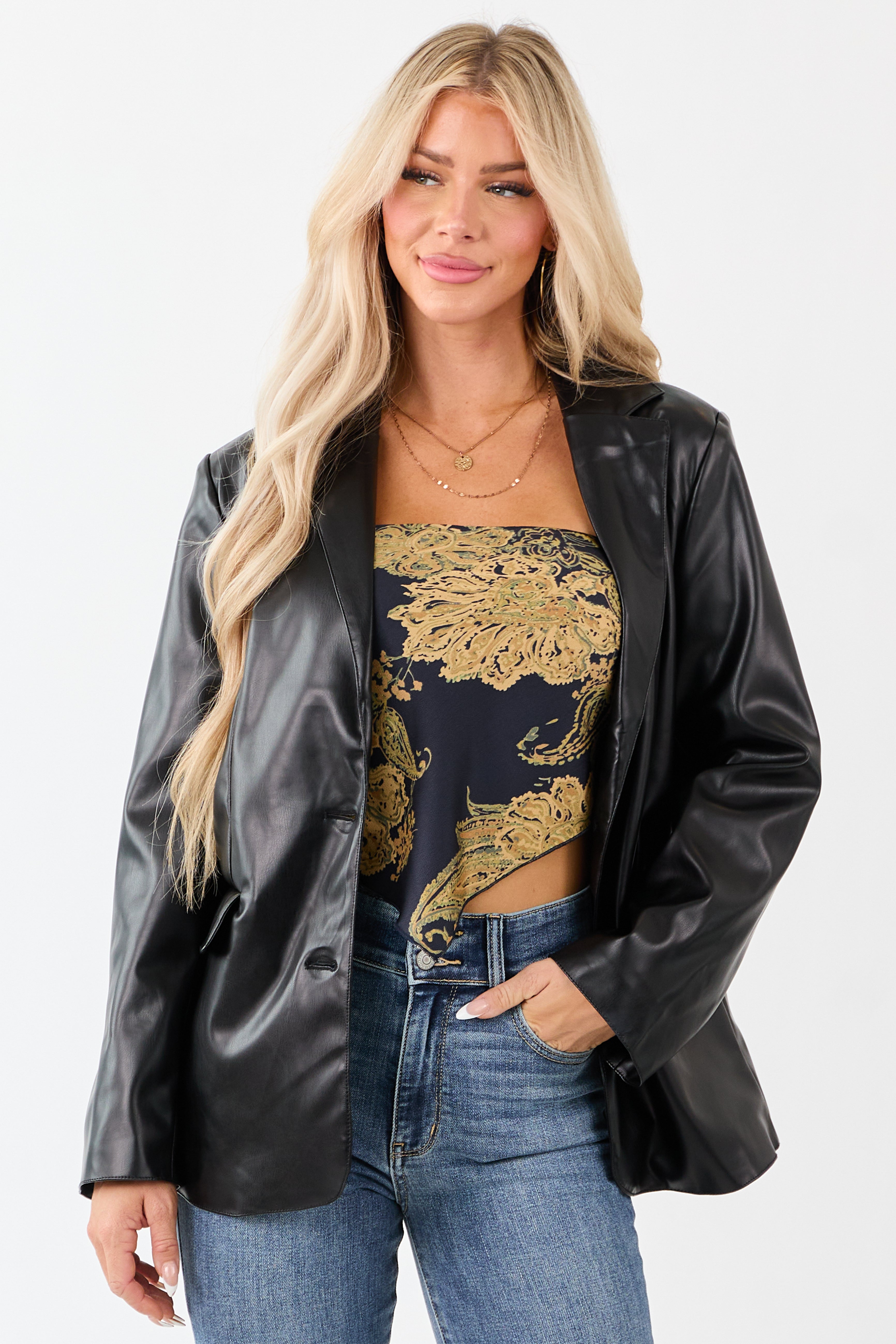 Black Faux Leather Lapel Collar Blazer
