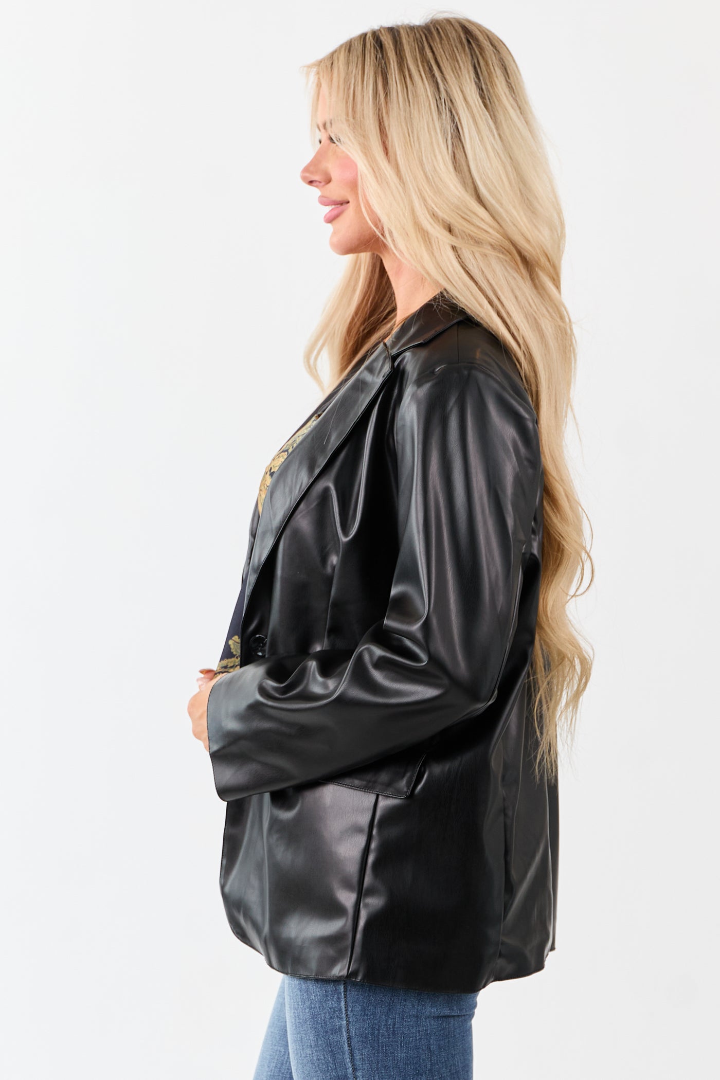 Black Faux Leather Lapel Collar Blazer