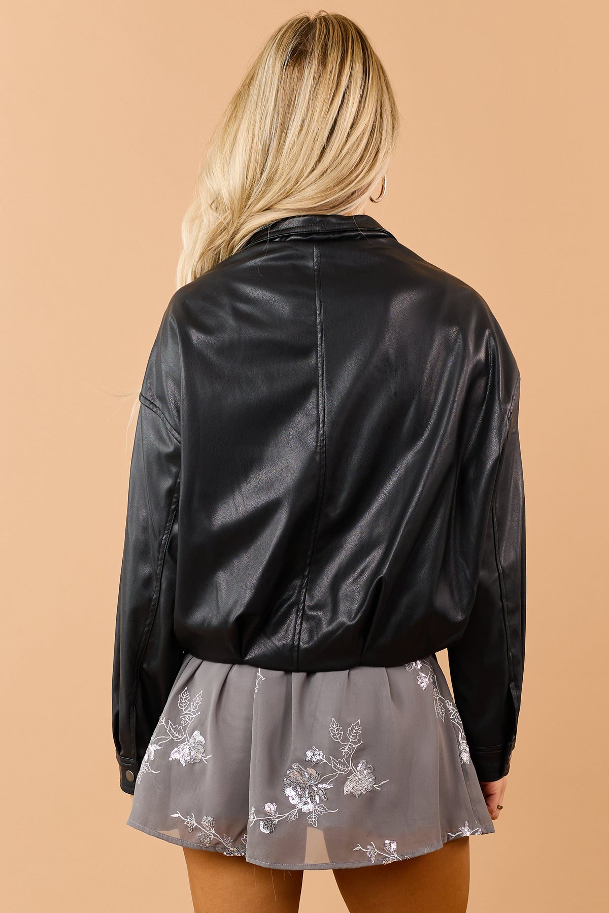 Black Faux Leather Mock Neck Zip Up Jacket
