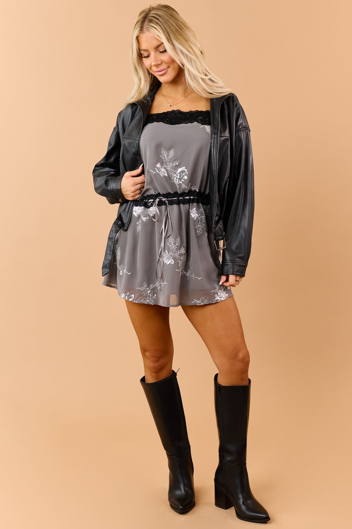 Black Faux Leather Mock Neck Zip Up Jacket