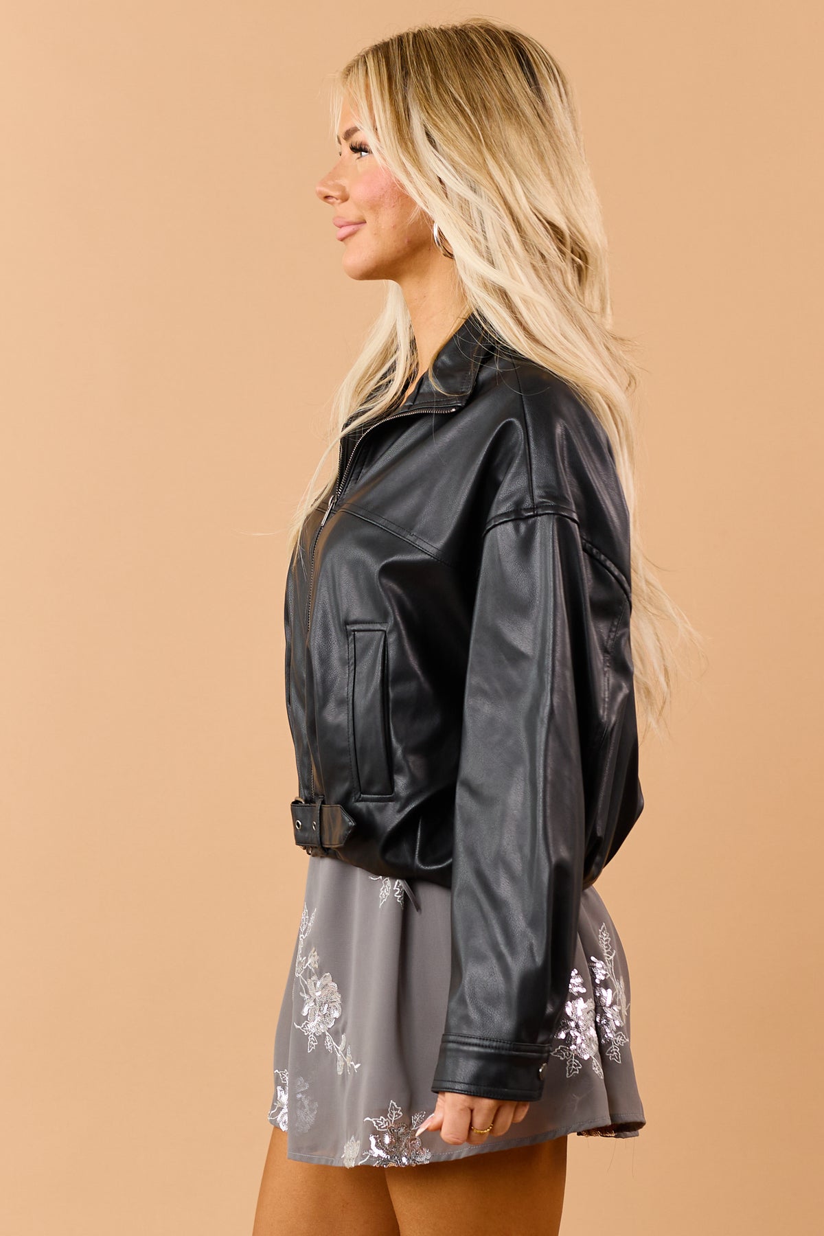 Black Faux Leather Mock Neck Zip Up Jacket