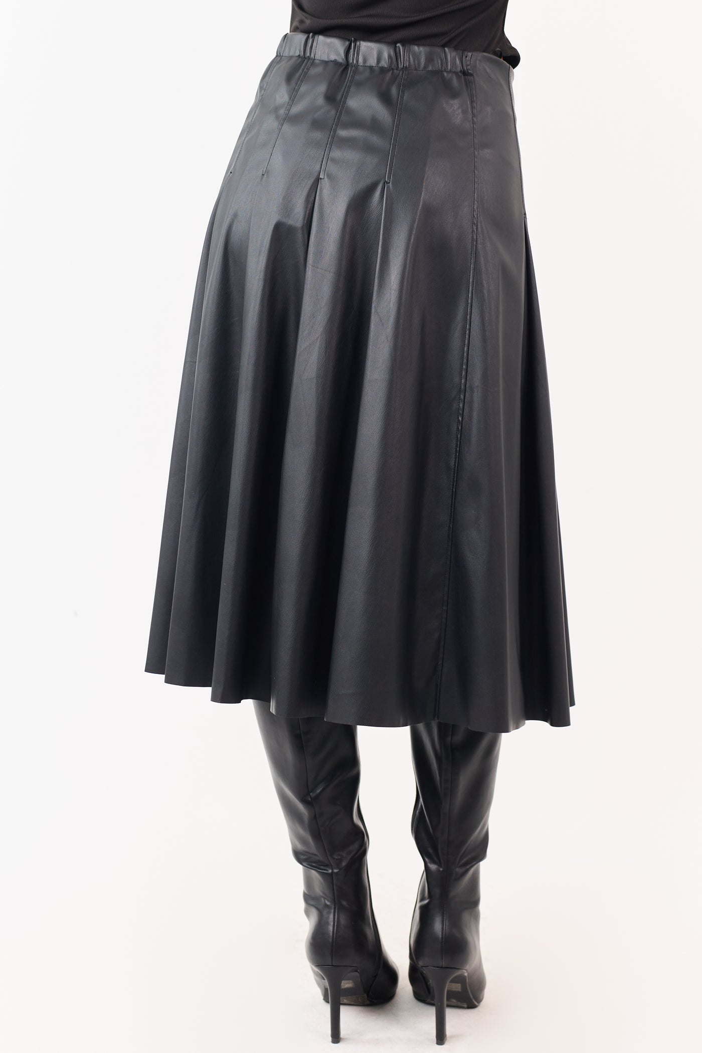 Black Faux Leather Pleated Wrap Style Midi Skirt