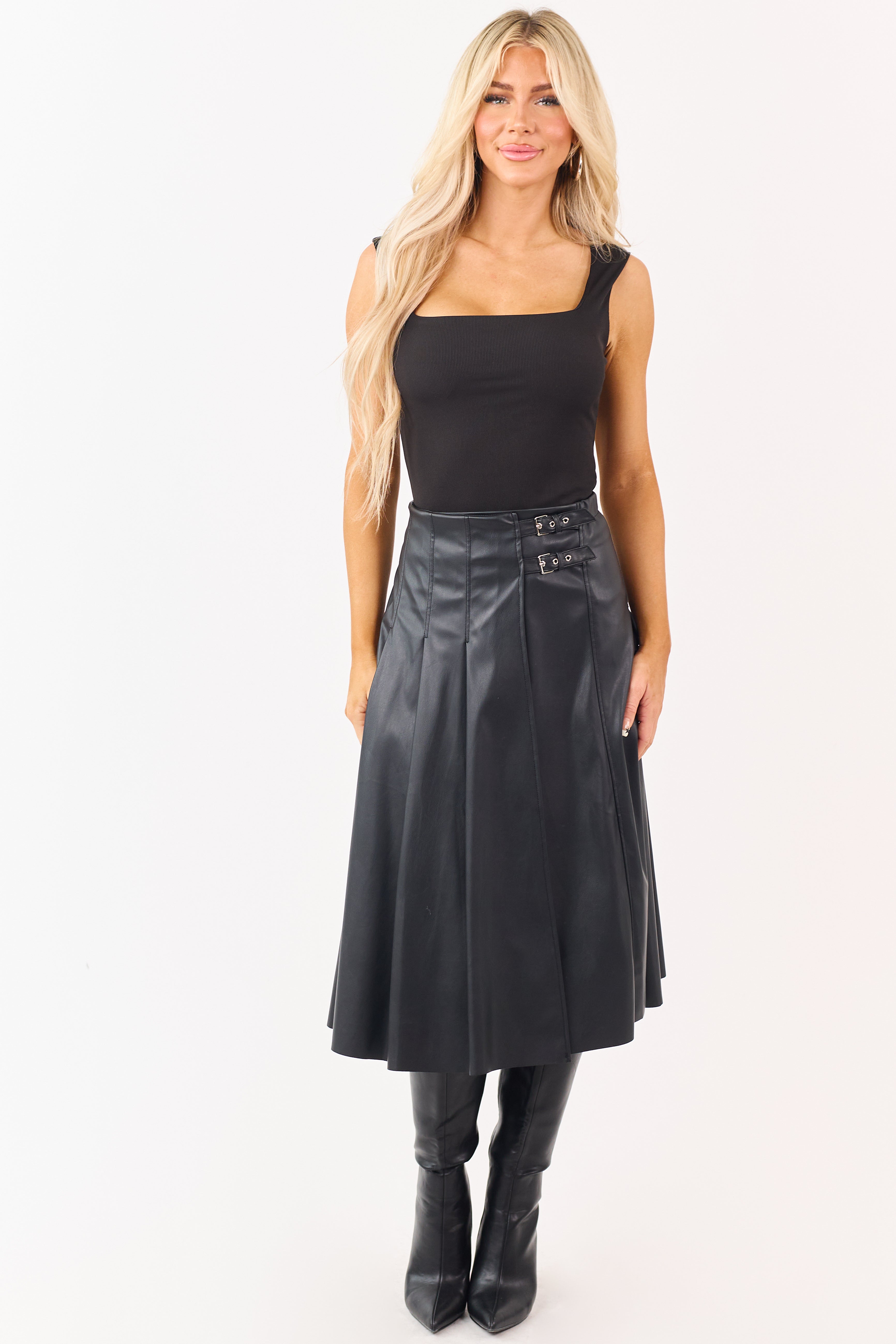 Black Faux Leather Pleated Wrap Style Midi Skirt