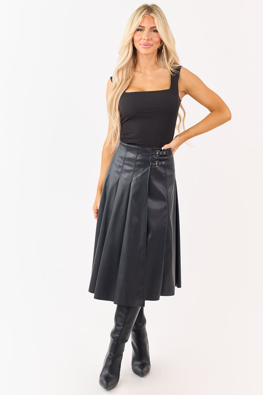 Black Faux Leather Pleated Wrap Style Midi Skirt