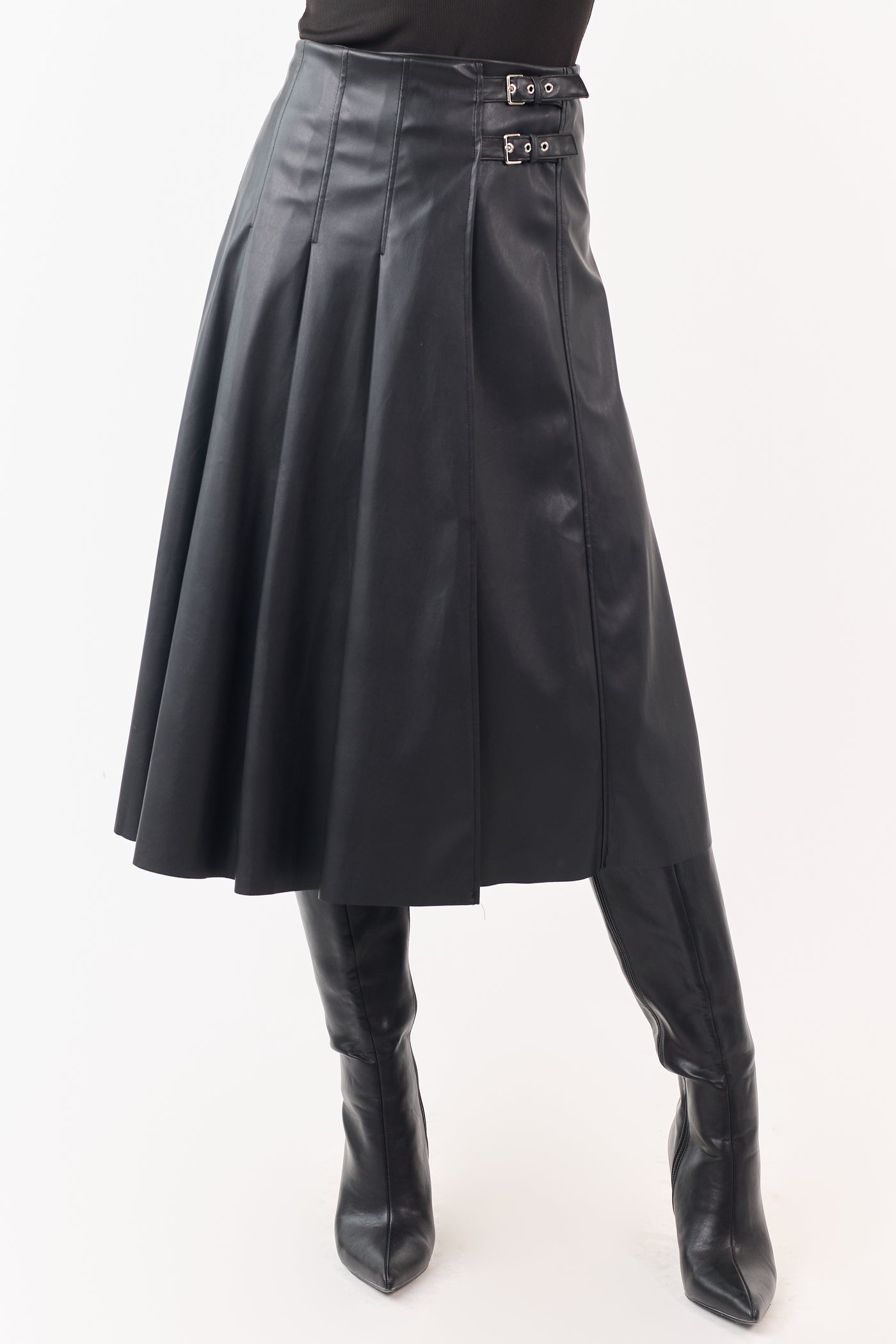Black Faux Leather Pleated Wrap Style Midi Skirt