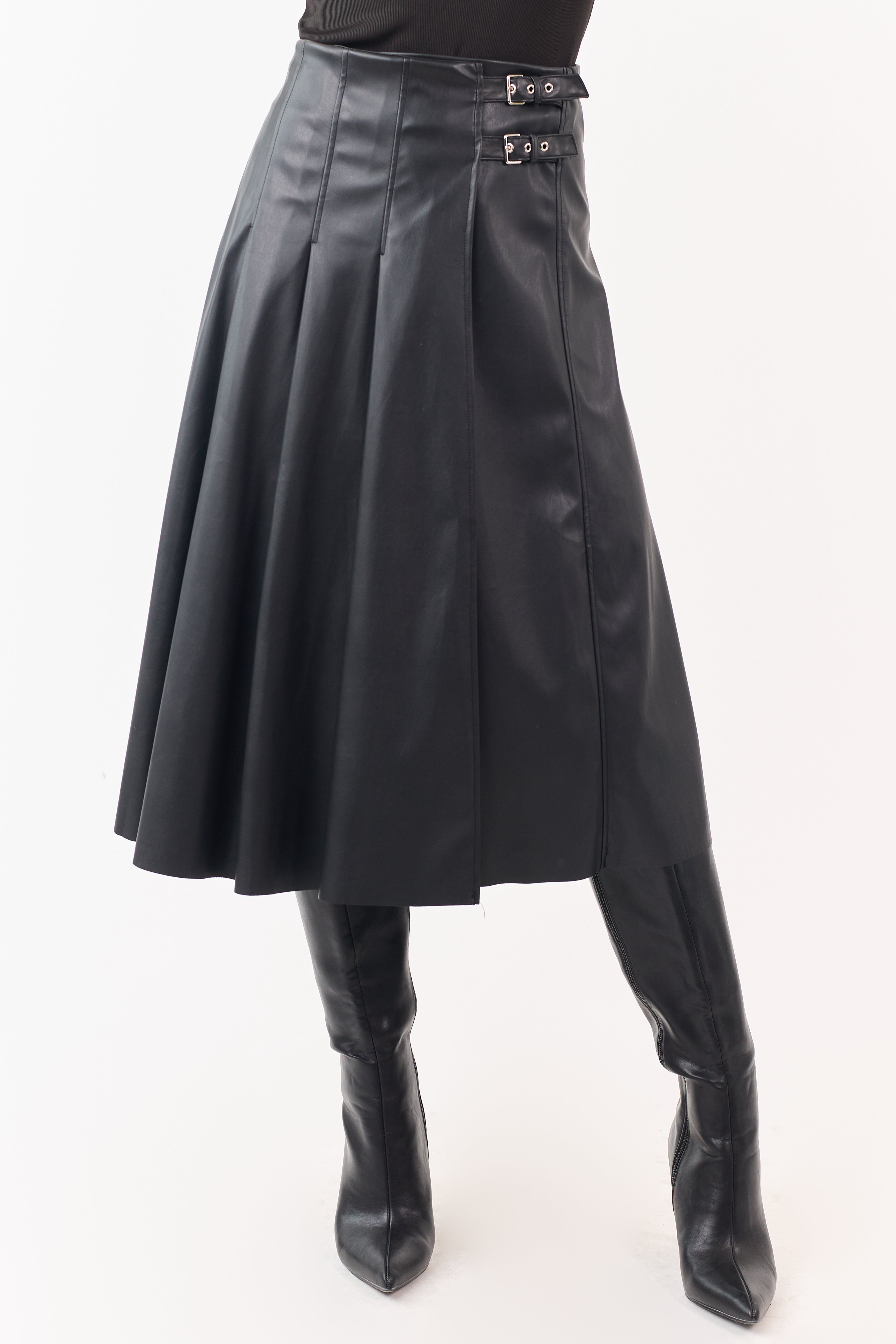 Black Faux Leather Pleated Wrap Style Midi Skirt