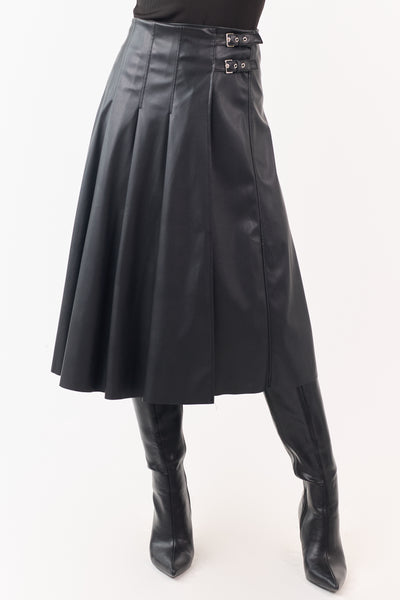 Black Faux Leather Pleated Wrap Style Midi Skirt
