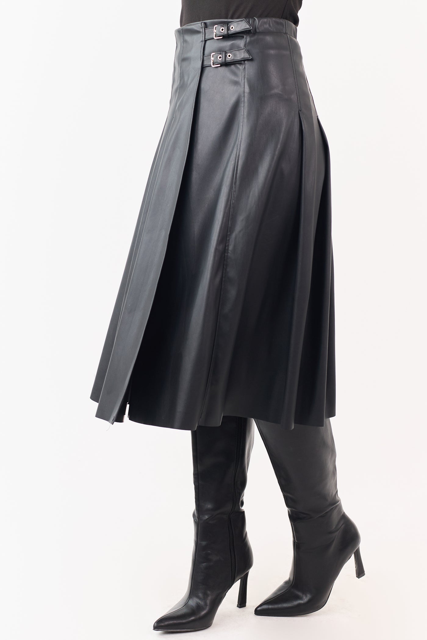 Black Faux Leather Pleated Wrap Style Midi Skirt