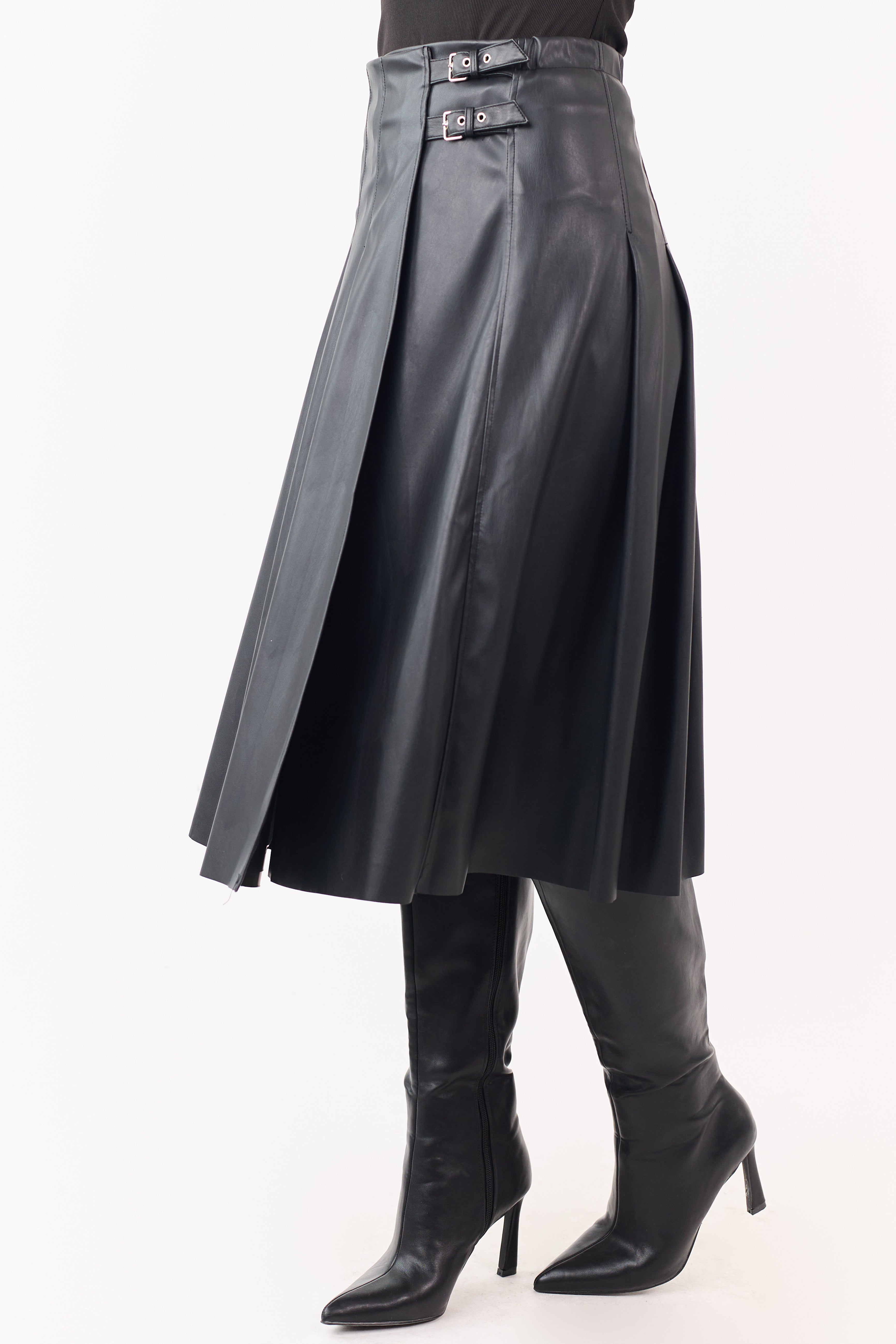 Black Faux Leather Pleated Wrap Style Midi Skirt