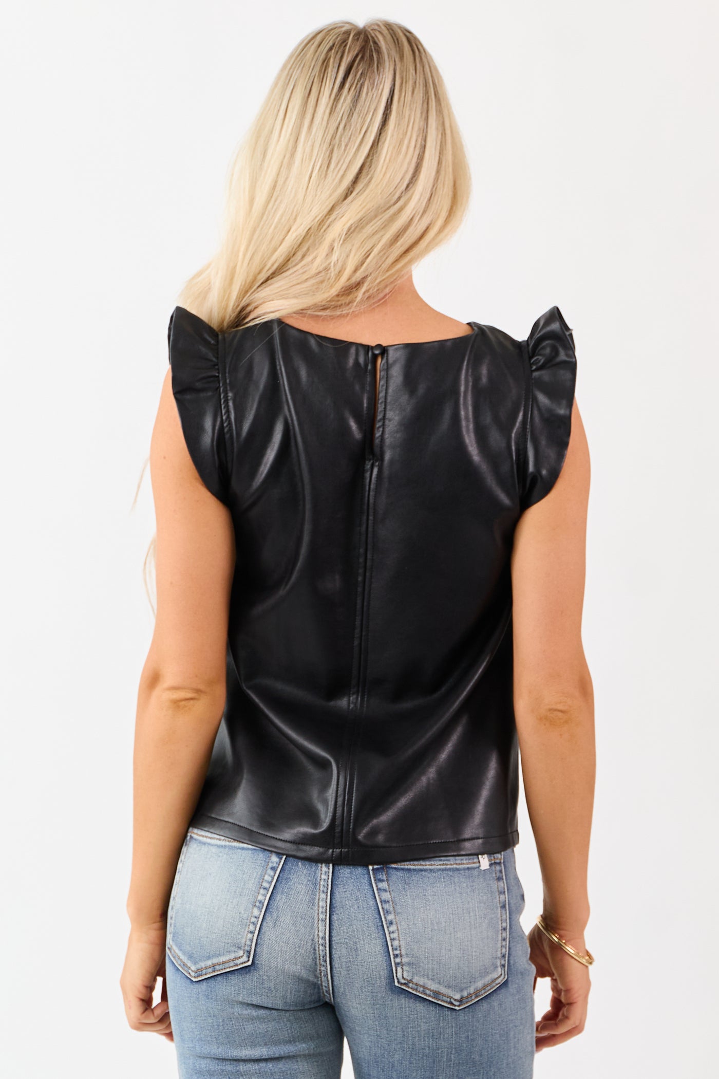 Black Faux Leather Ruffle Cap Sleeve Top
