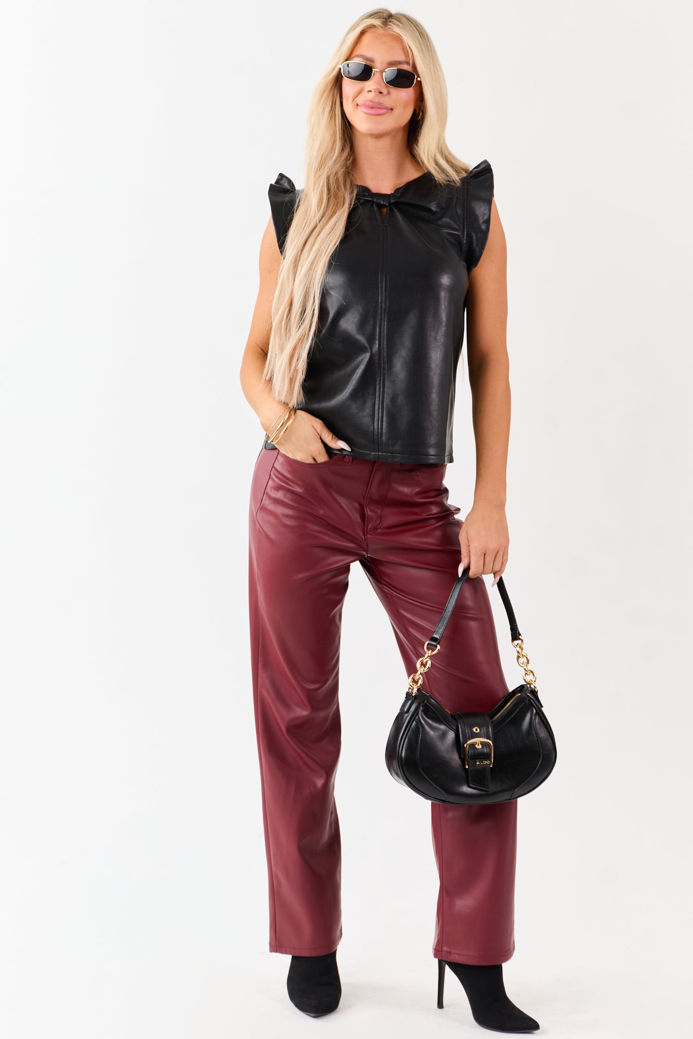 Black Faux Leather Ruffle Cap Sleeve Top