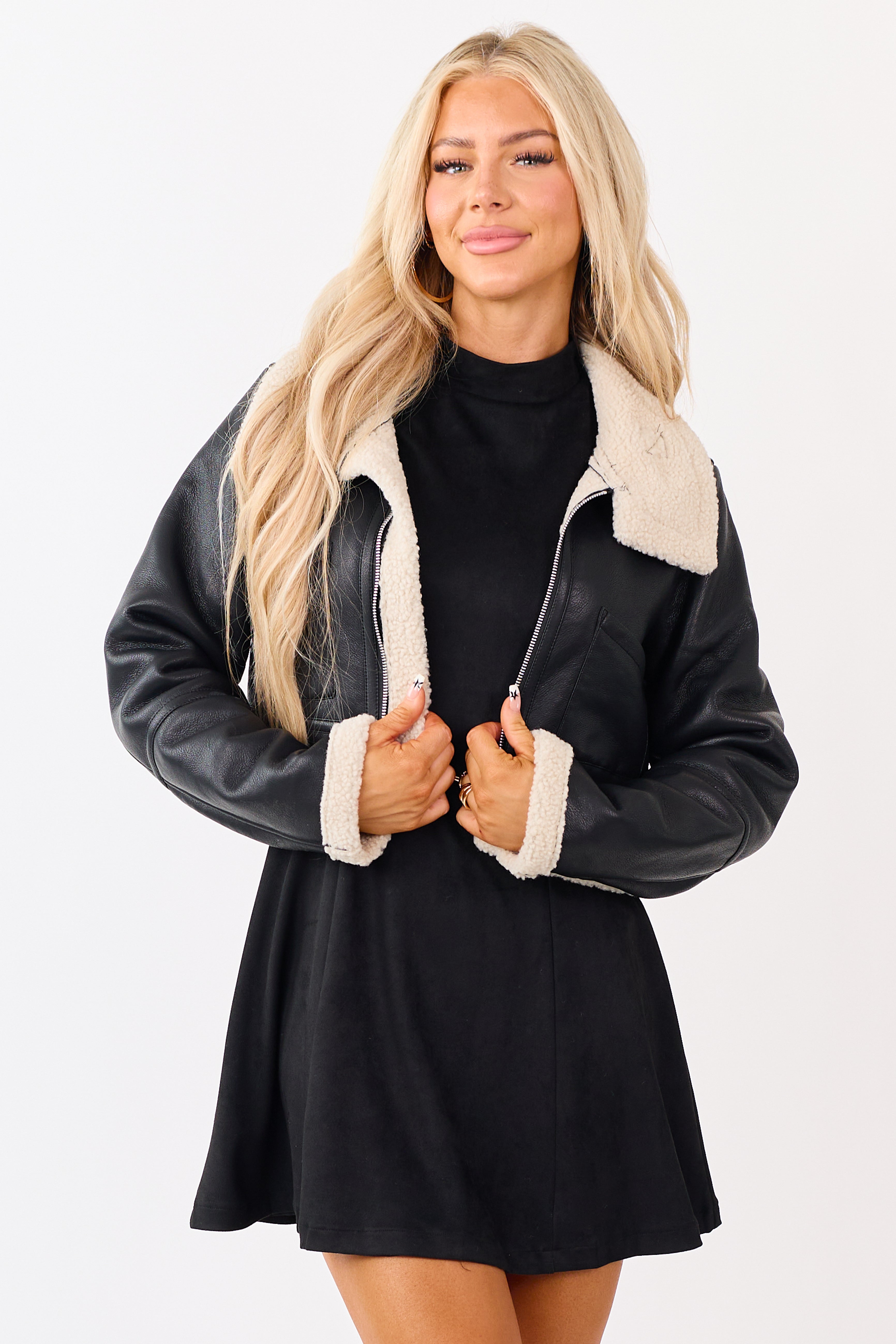 Black Faux Leather Sherpa Lined Jacket