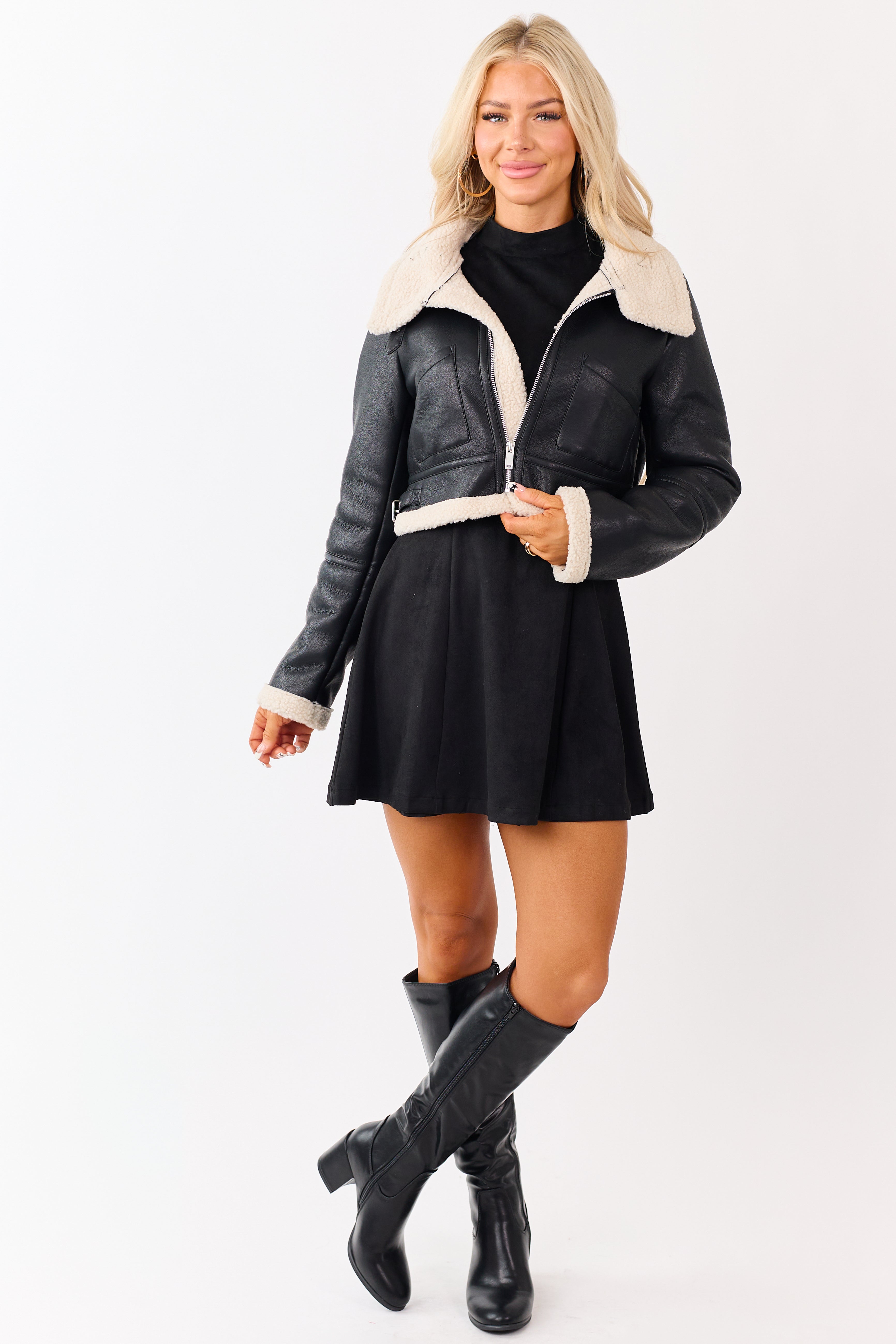 Black Faux Leather Sherpa Lined Jacket | Lime Lush Boutique