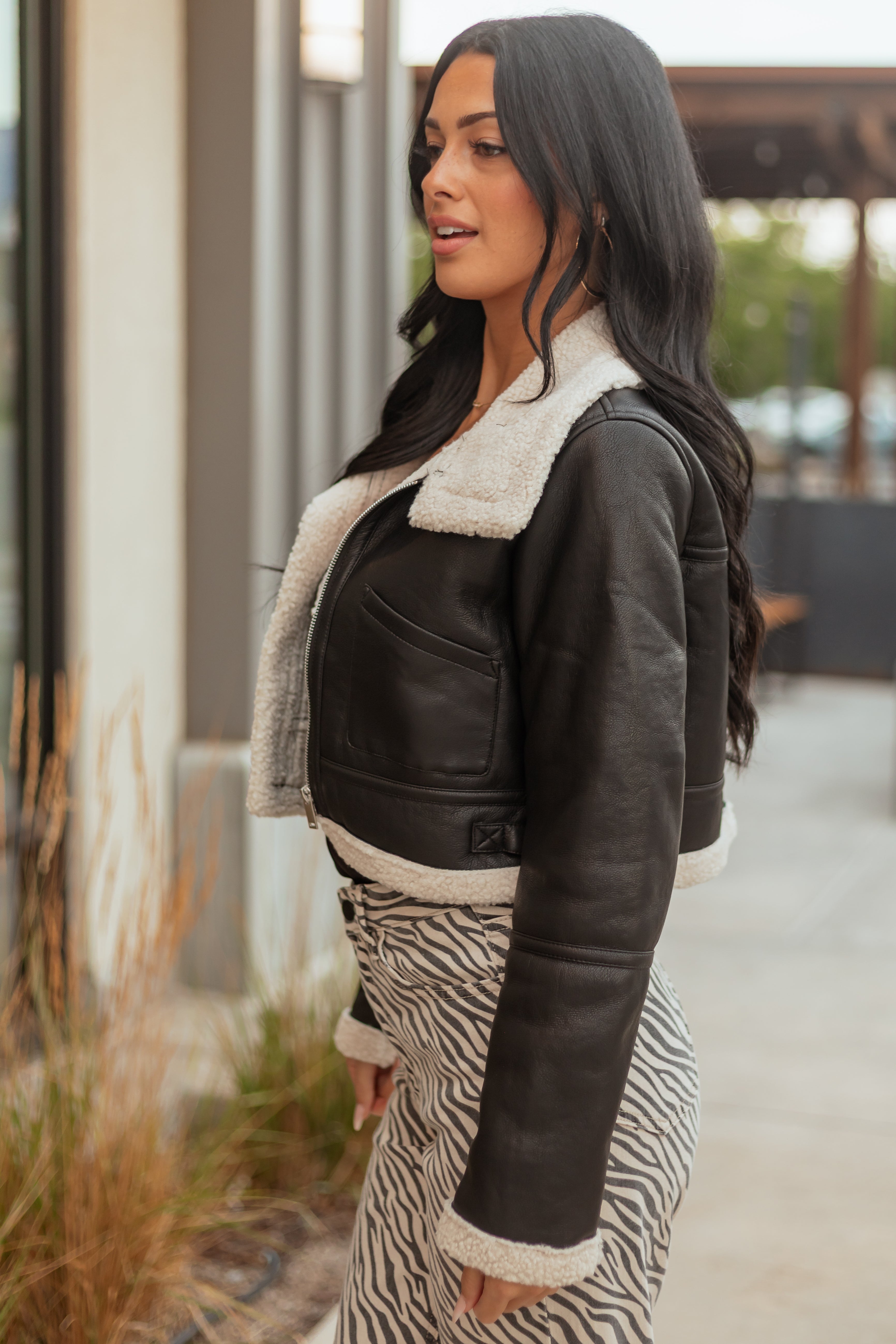 Black Faux Leather Sherpa Lined Jacket