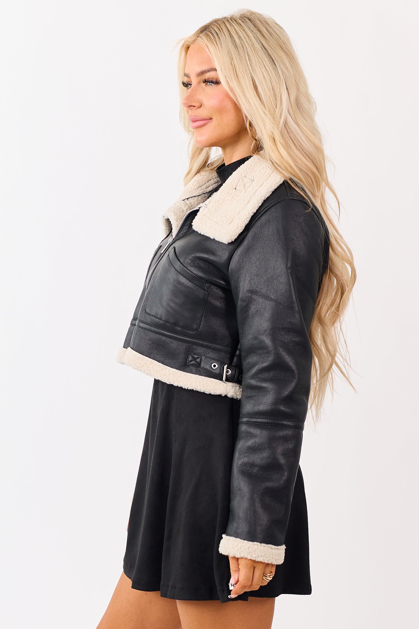 Black Faux Leather Sherpa Lined Jacket
