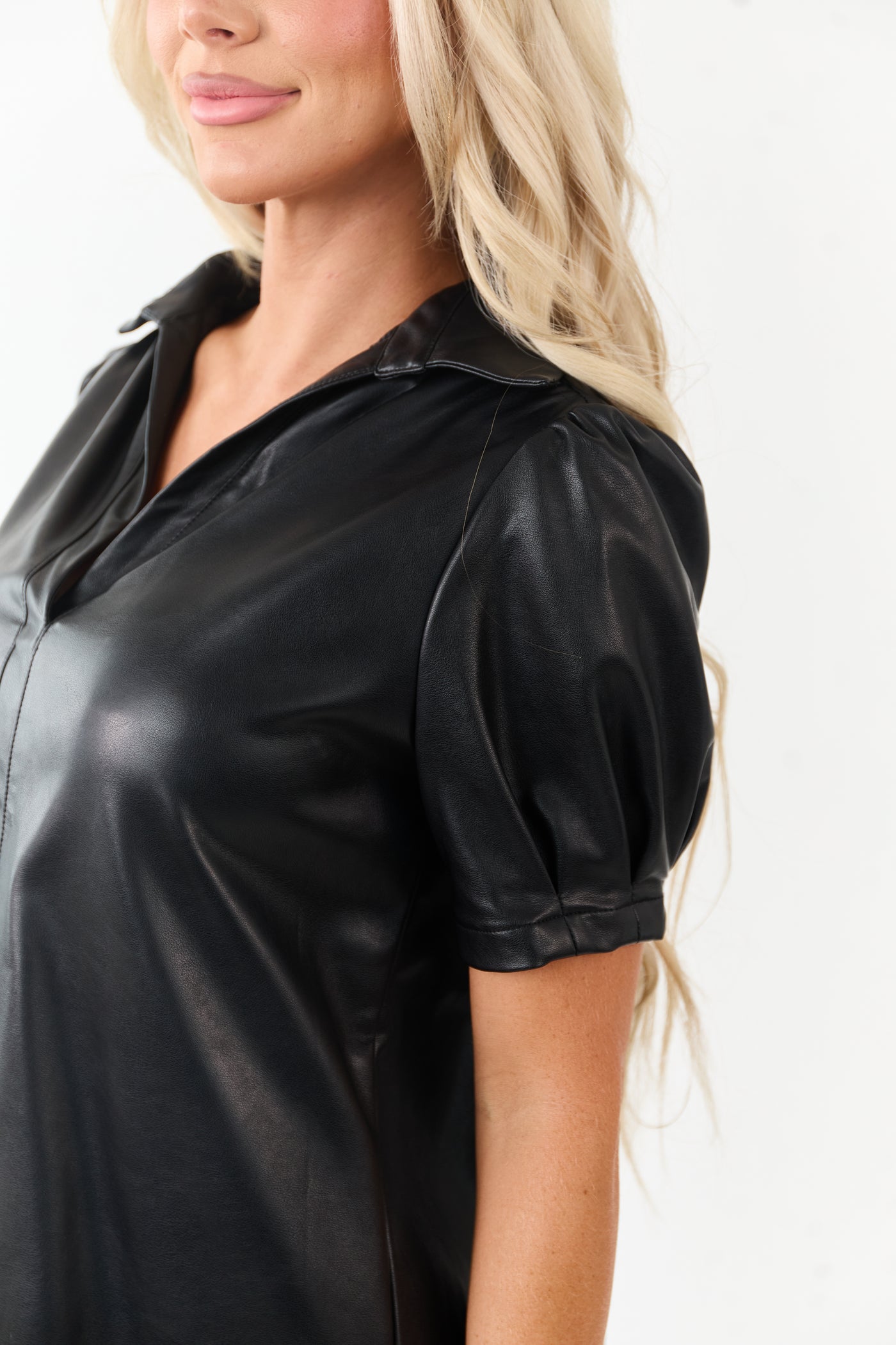 Black Faux Leather Short Sleeve Mini Shift Dress