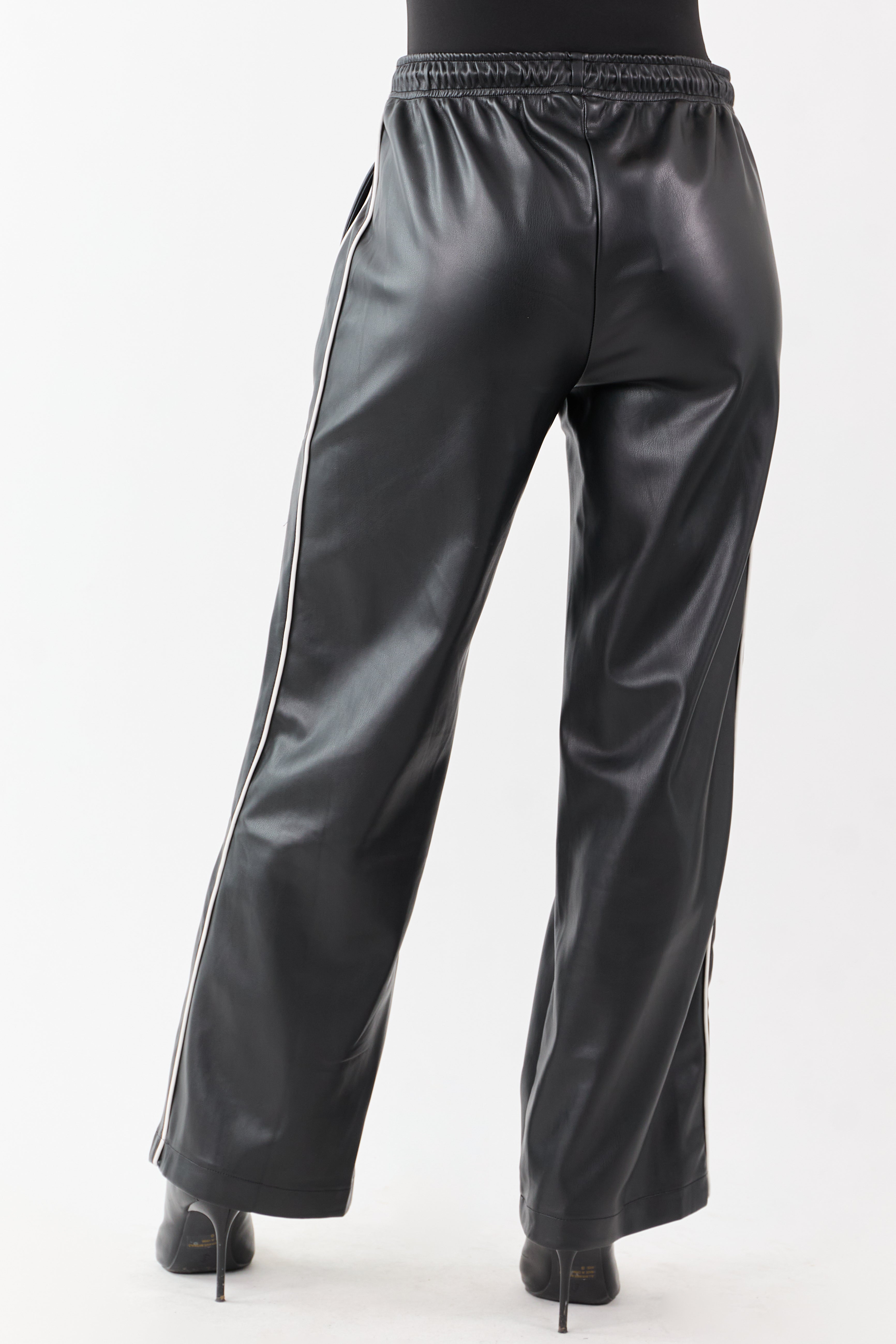 Black Faux Leather Side Line Drawstring Pants
