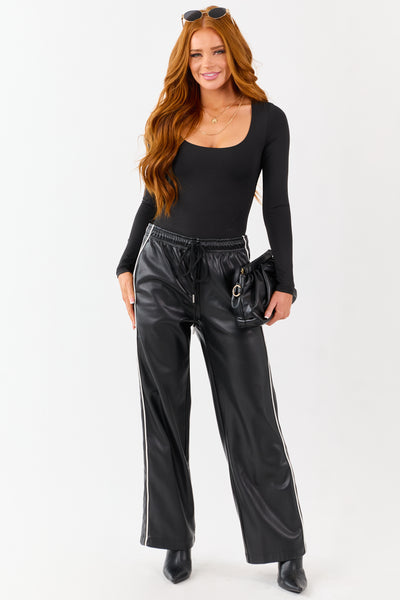 Black Faux Leather Side Line Drawstring Pants
