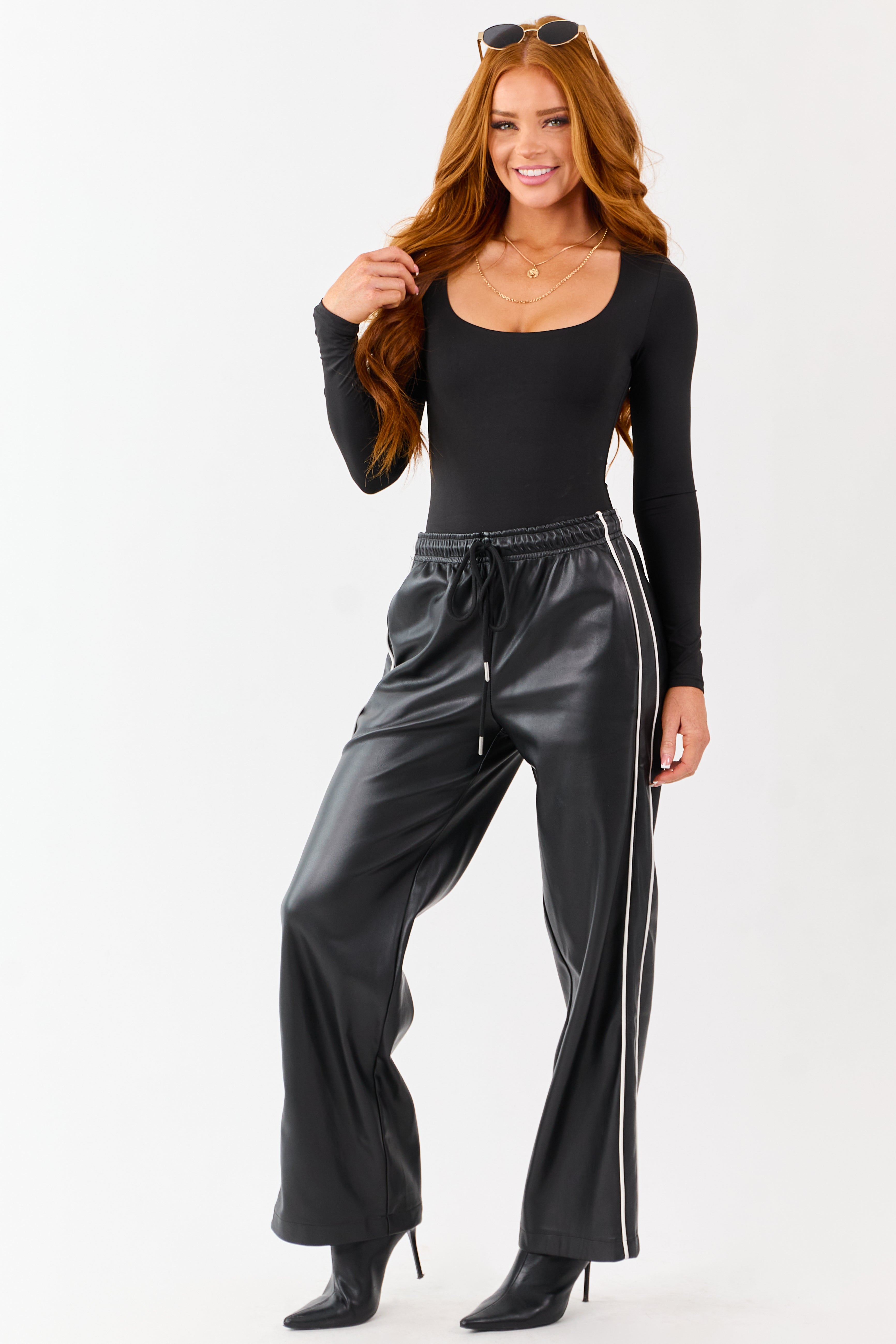Black Faux Leather Side Line Drawstring Pants | Lime Lush Boutique