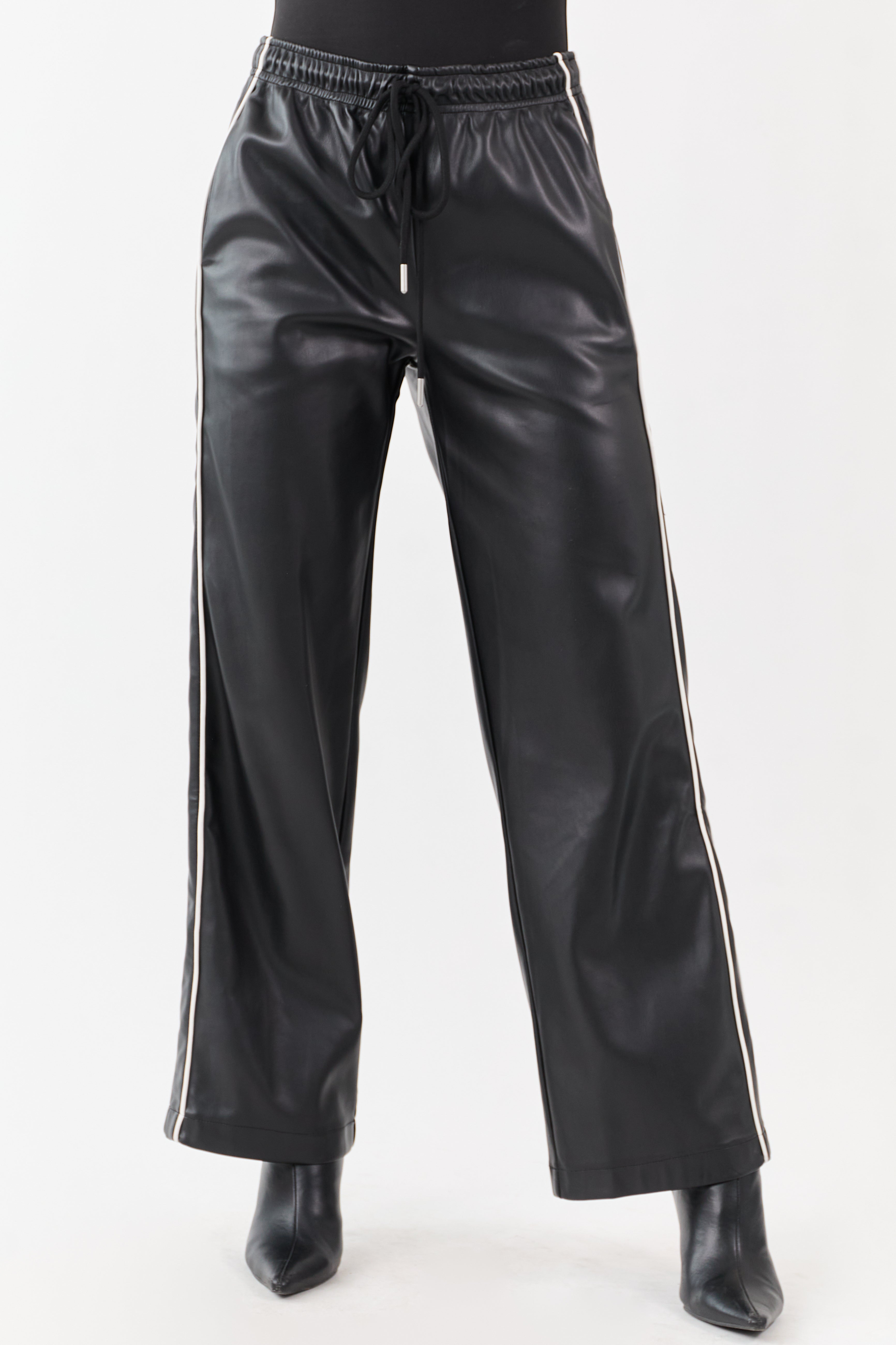 Black Faux Leather Side Line Drawstring Pants