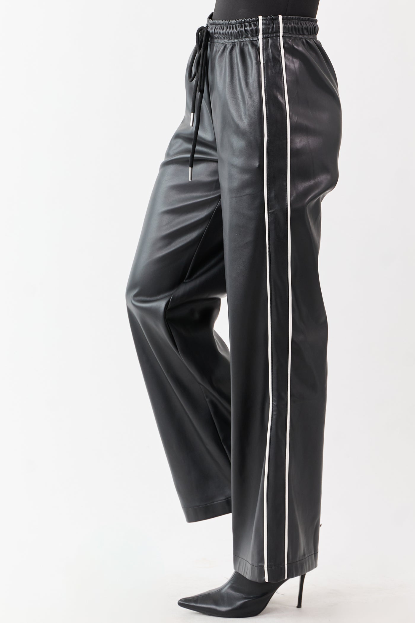 Black Faux Leather Side Line Drawstring Pants