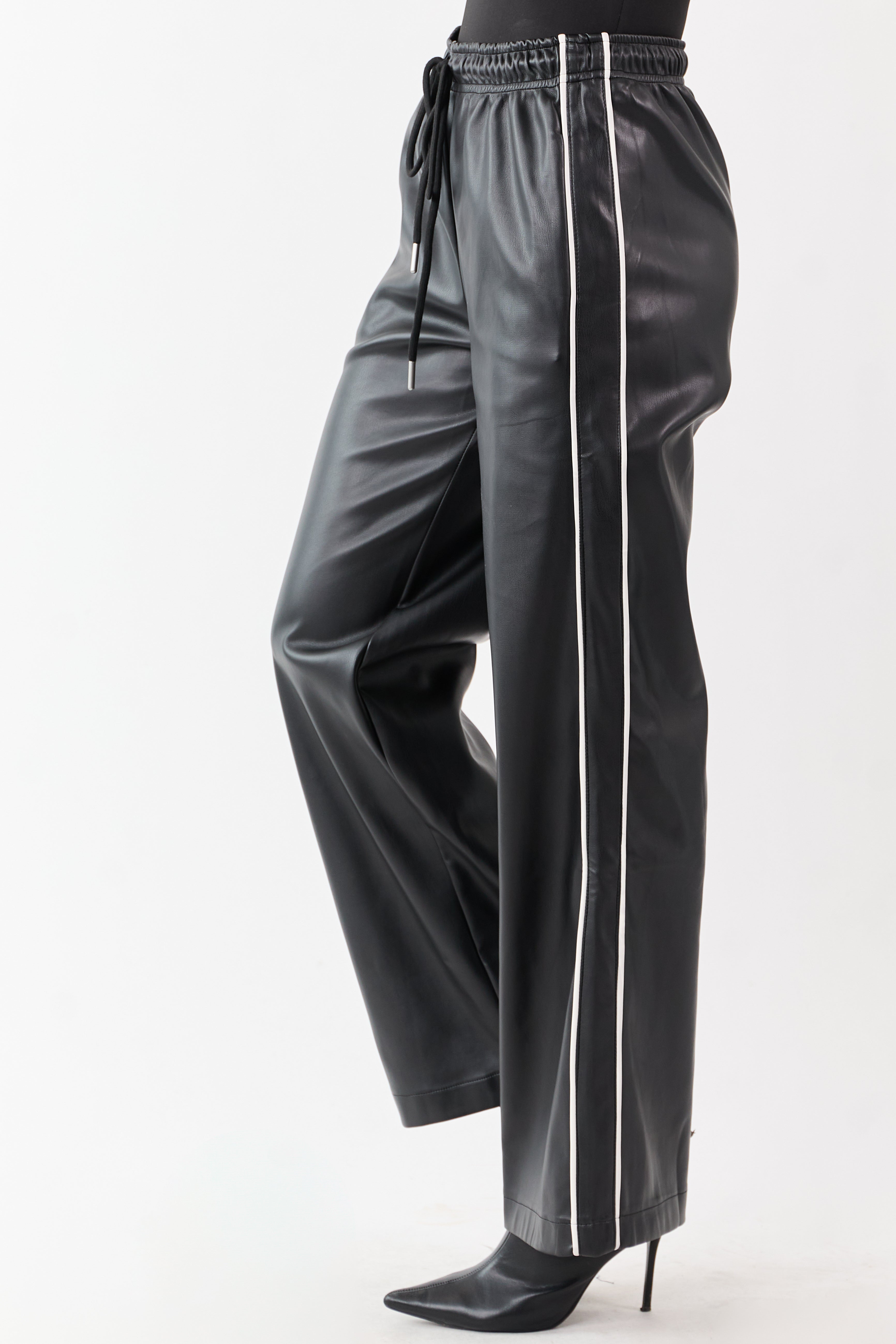 Black Faux Leather Side Line Drawstring Pants
