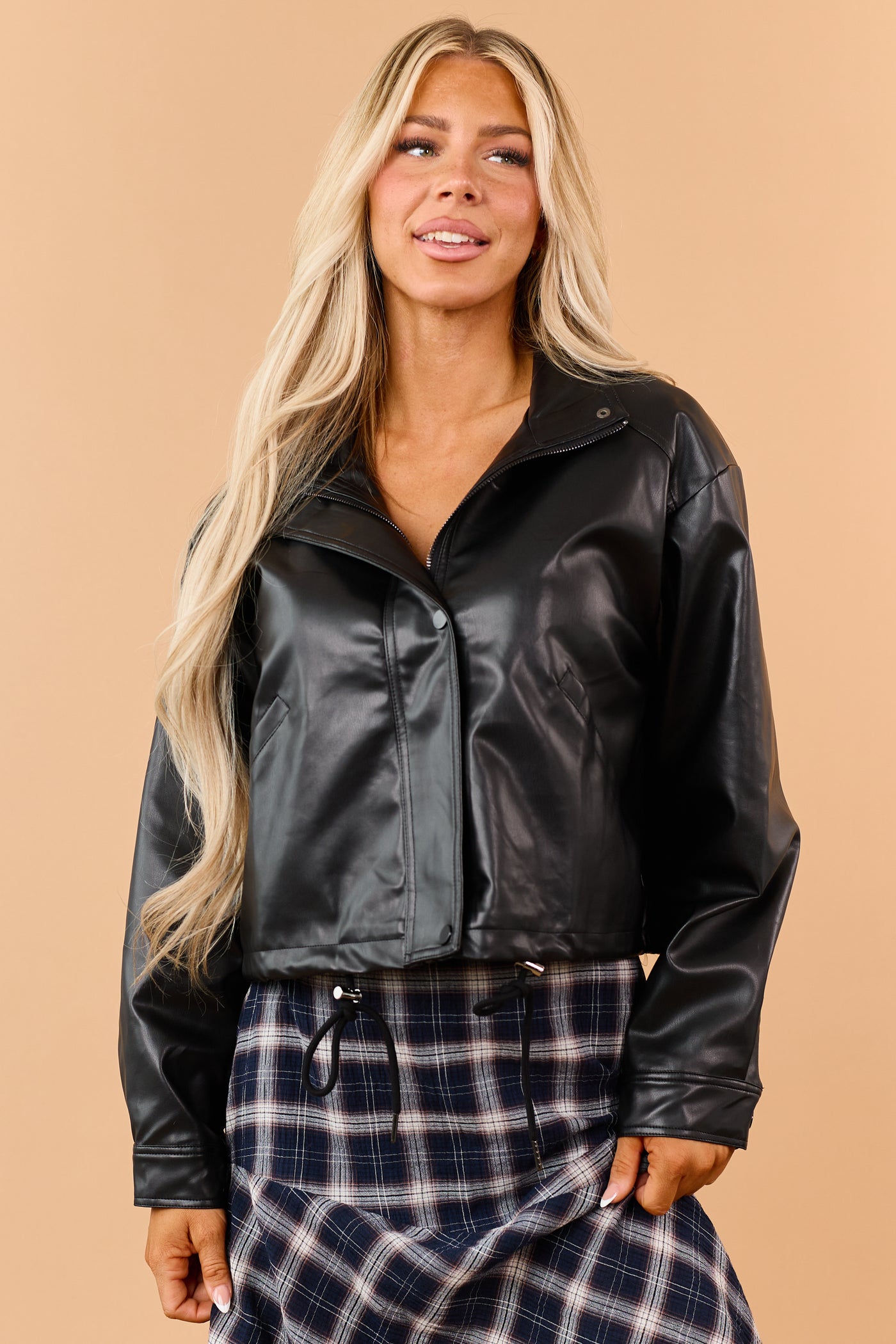Black Faux Leather Zip Up Mock Neck Jacket