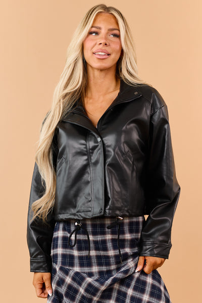 Black Faux Leather Zip Up Mock Neck Jacket