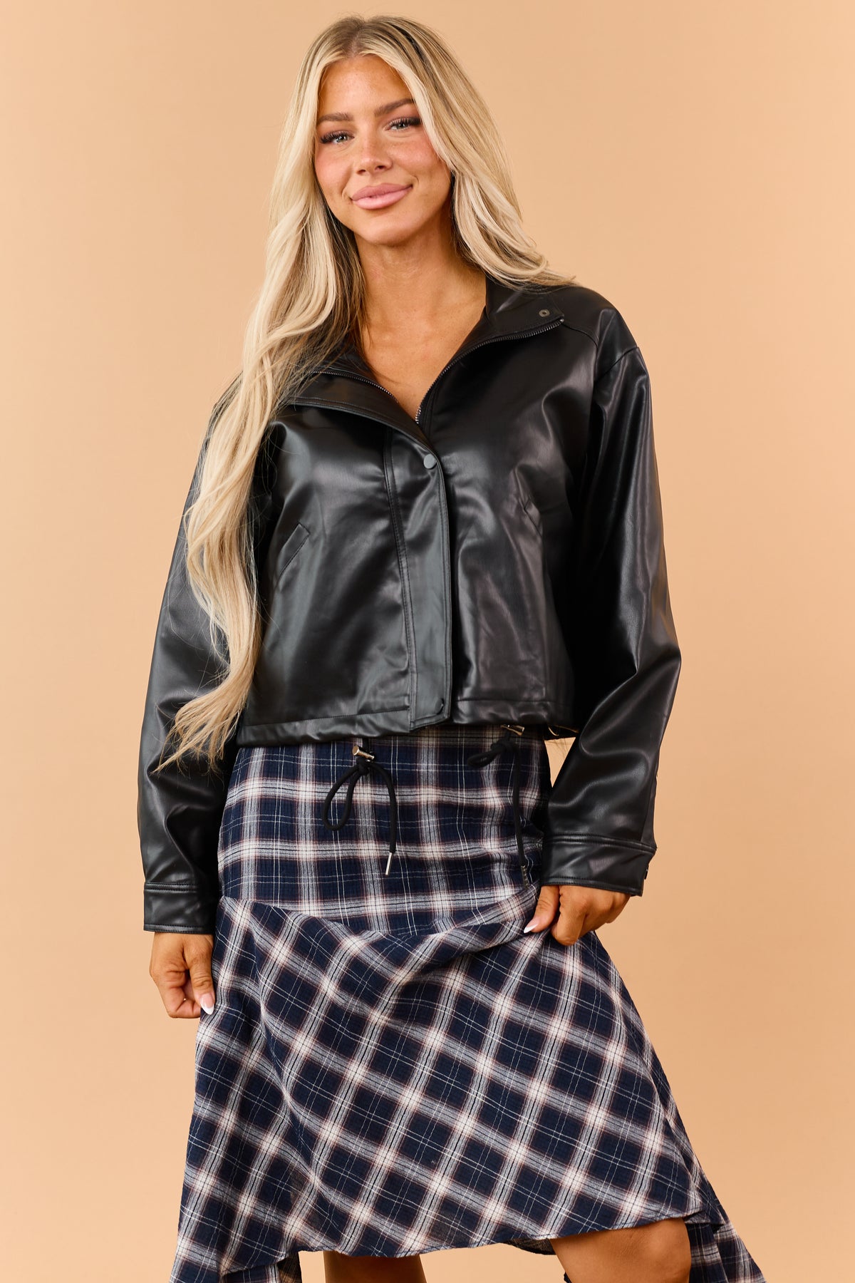 Black Faux Leather Zip Up Mock Neck Jacket