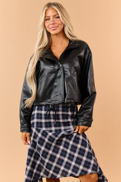 Black Faux Leather Zip Up Mock Neck Jacket
